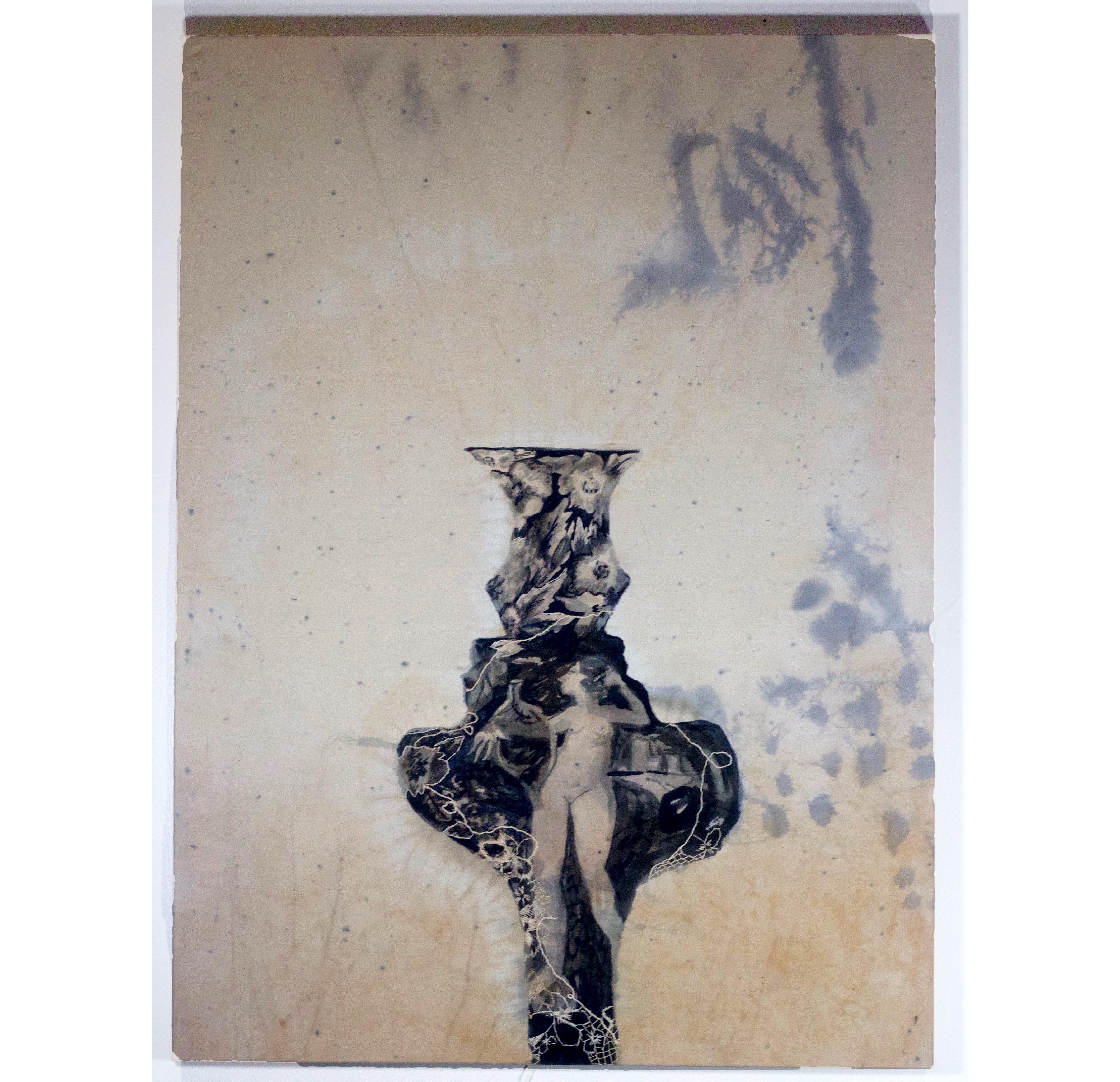 Seeming Wonderful (2020) Natural Dye( onion skins, avacado pits, and black beans) with acrylic and hand embroidery on cotton muslin