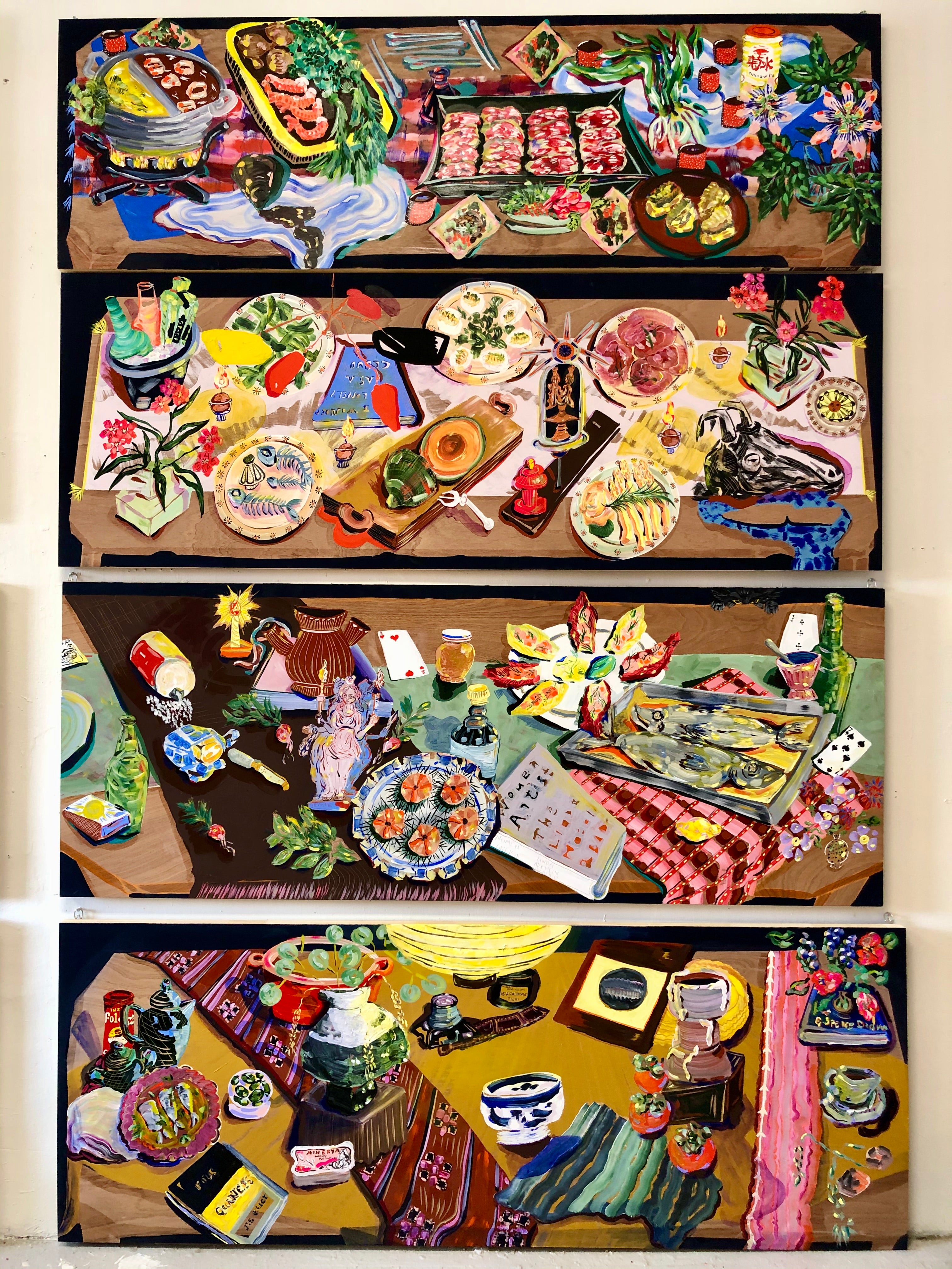 Studio shot, four paintings from the series: Slice of Life, Theater of the Dinner Table
