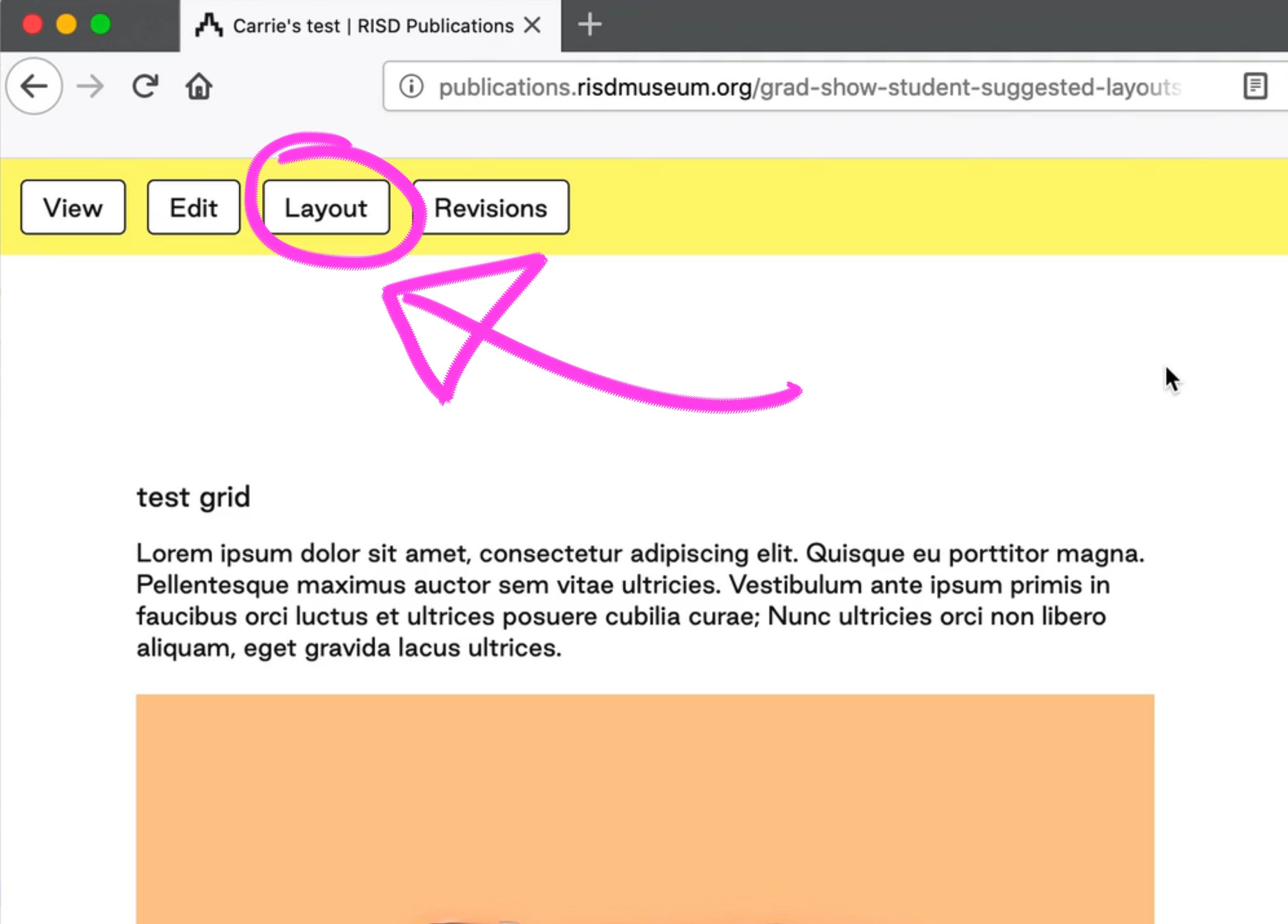 Arrow pointing to Layout button in yellow bar