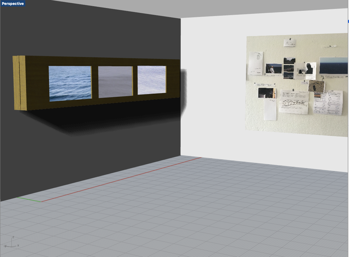 A 3D rendering of an installation featuring a three-channel video contained in a wooden rectangular structure. On an adjacent wall is printed documentation.