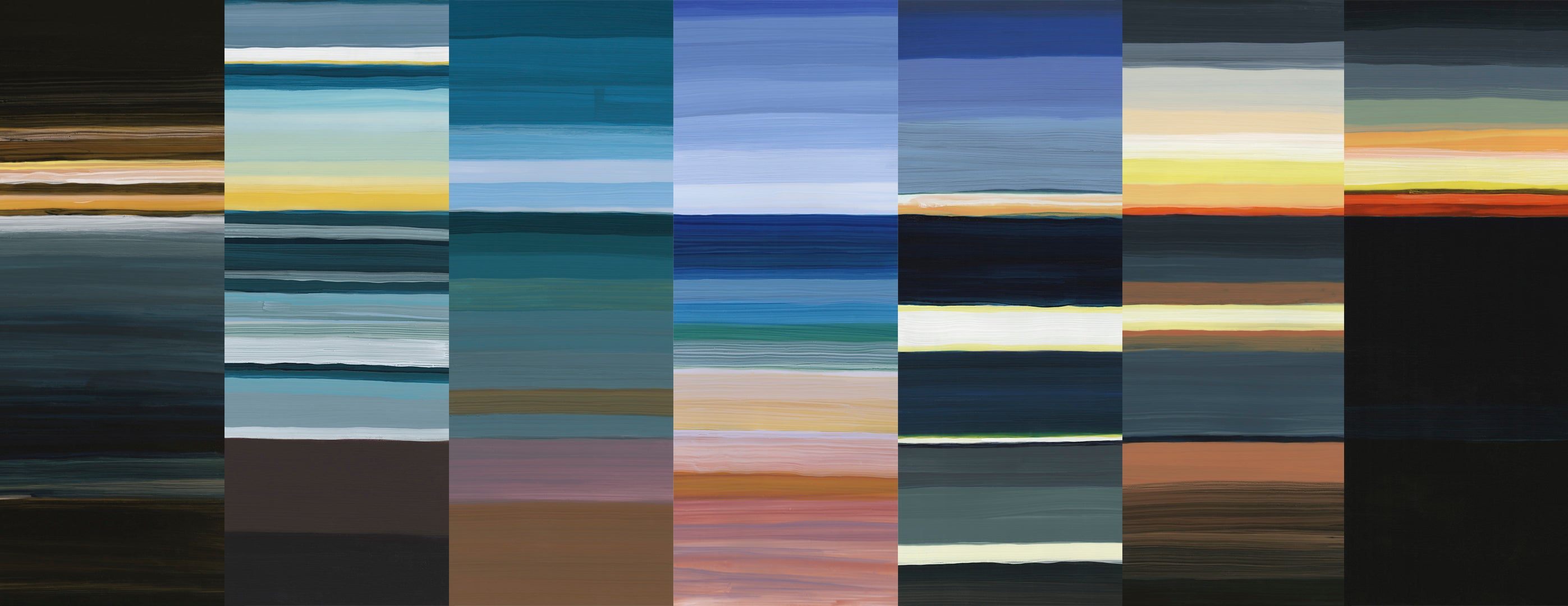 seven panels of horizontal stripes depicting the time of day from sunrise to sunset