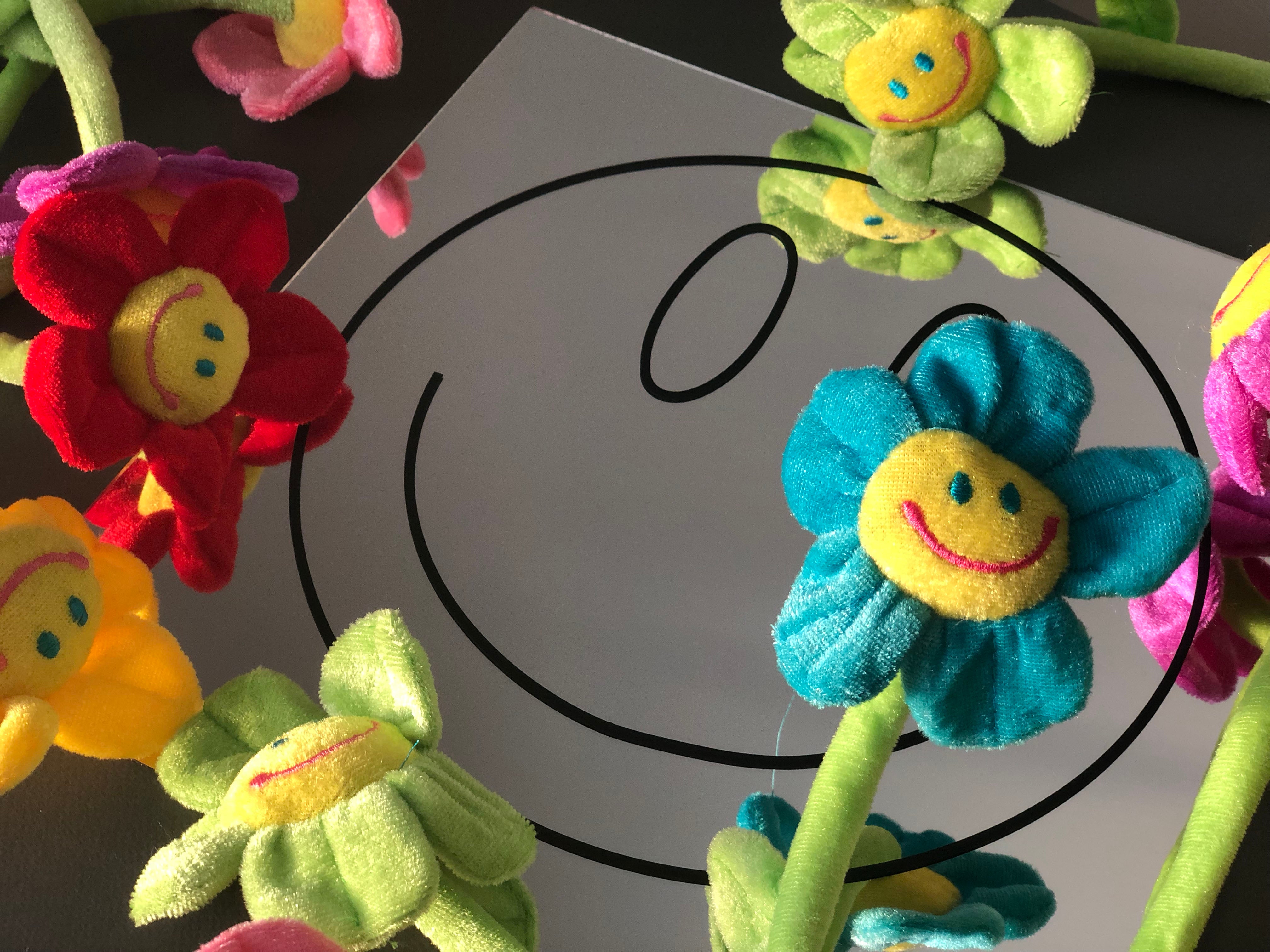 Smiley face graphic on a mirror with plush smiley face flowers
