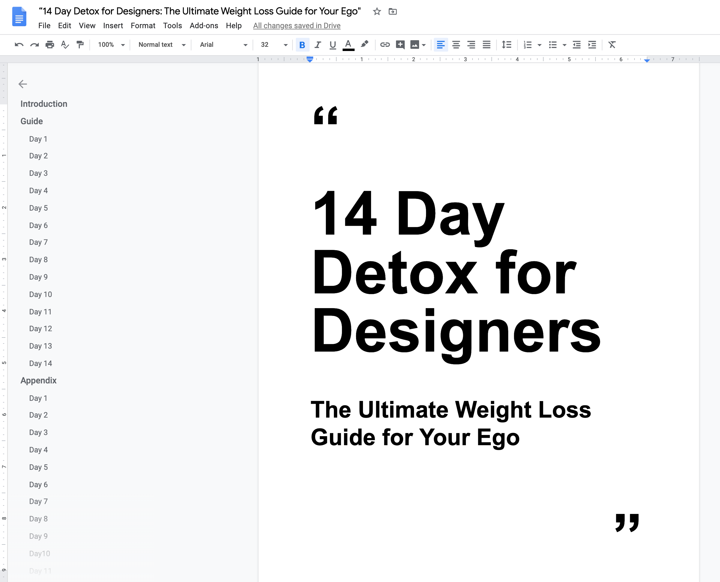 A Google Doc project entitled '14 Day Detox for Designers: The Ultimate Weight Loss Guide for Your Ego'