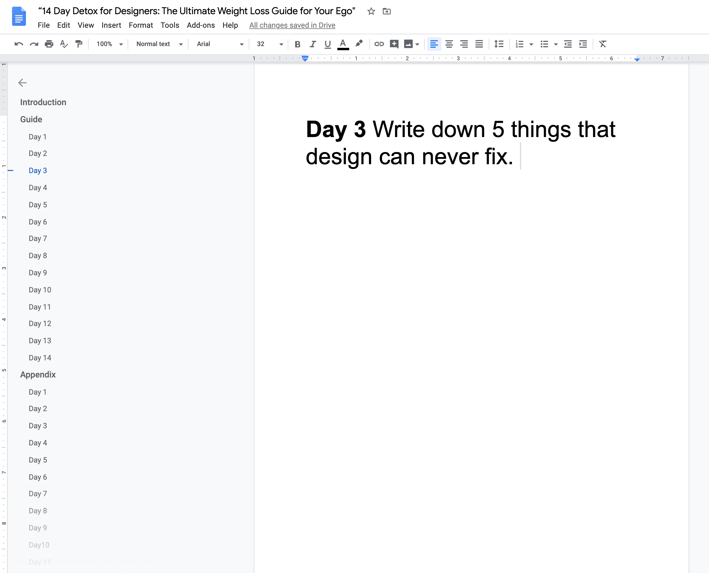 A Google Doc project entitled '14 Day Detox for Designers: The Ultimate Weight Loss Guide for Your Ego'