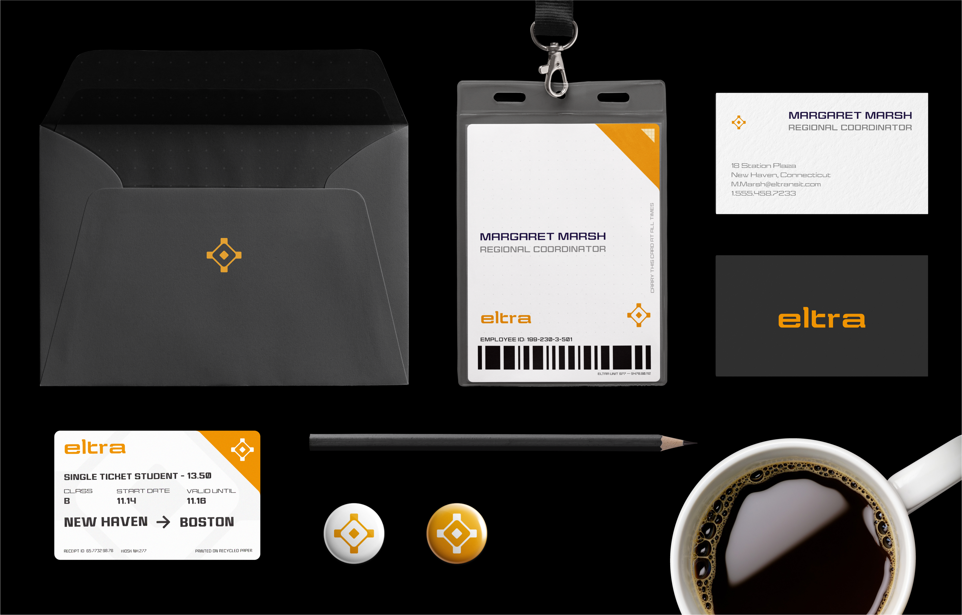 Branded 'Eltra' objects on a black background