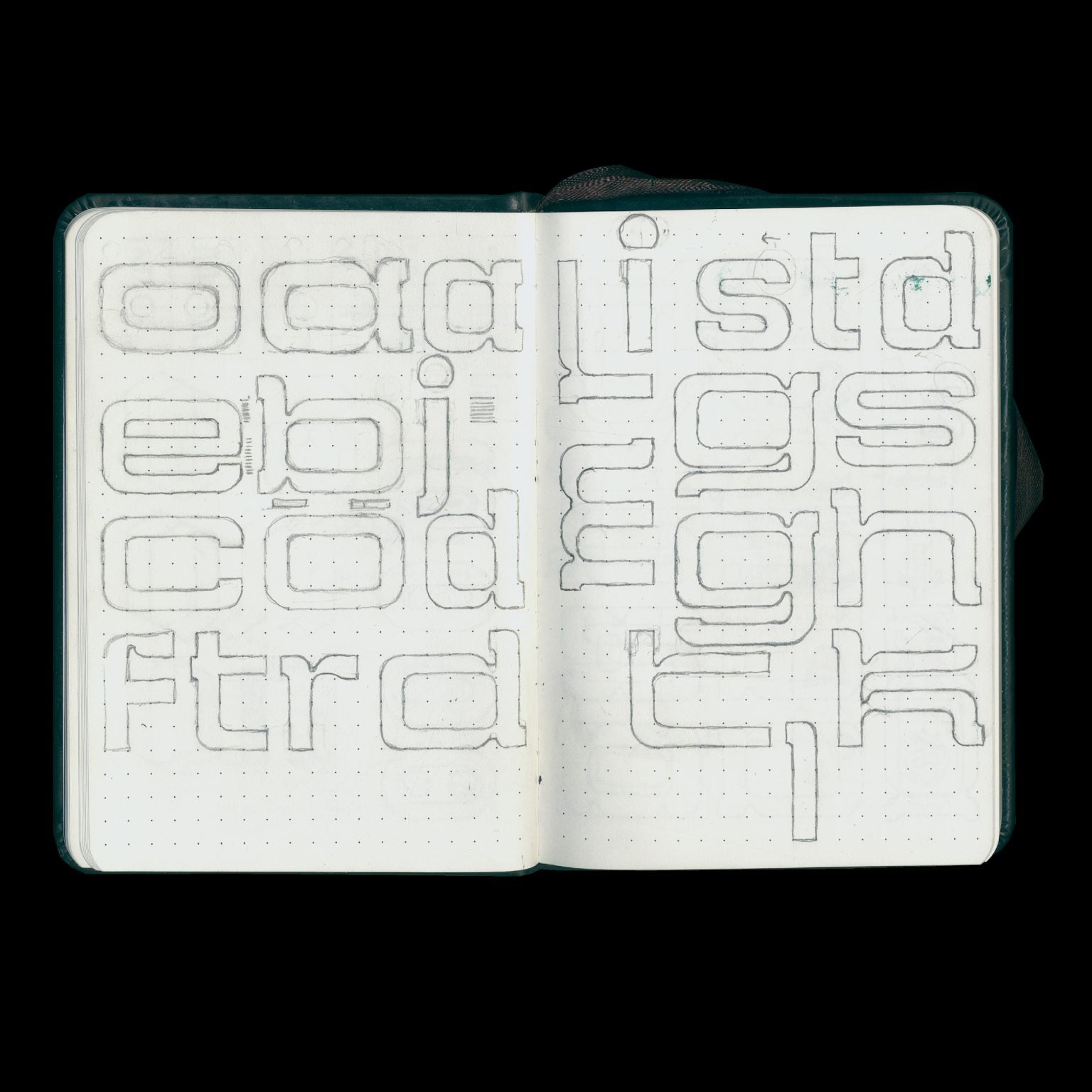 Open sketchbook with sketches of the typeface 'Junction'