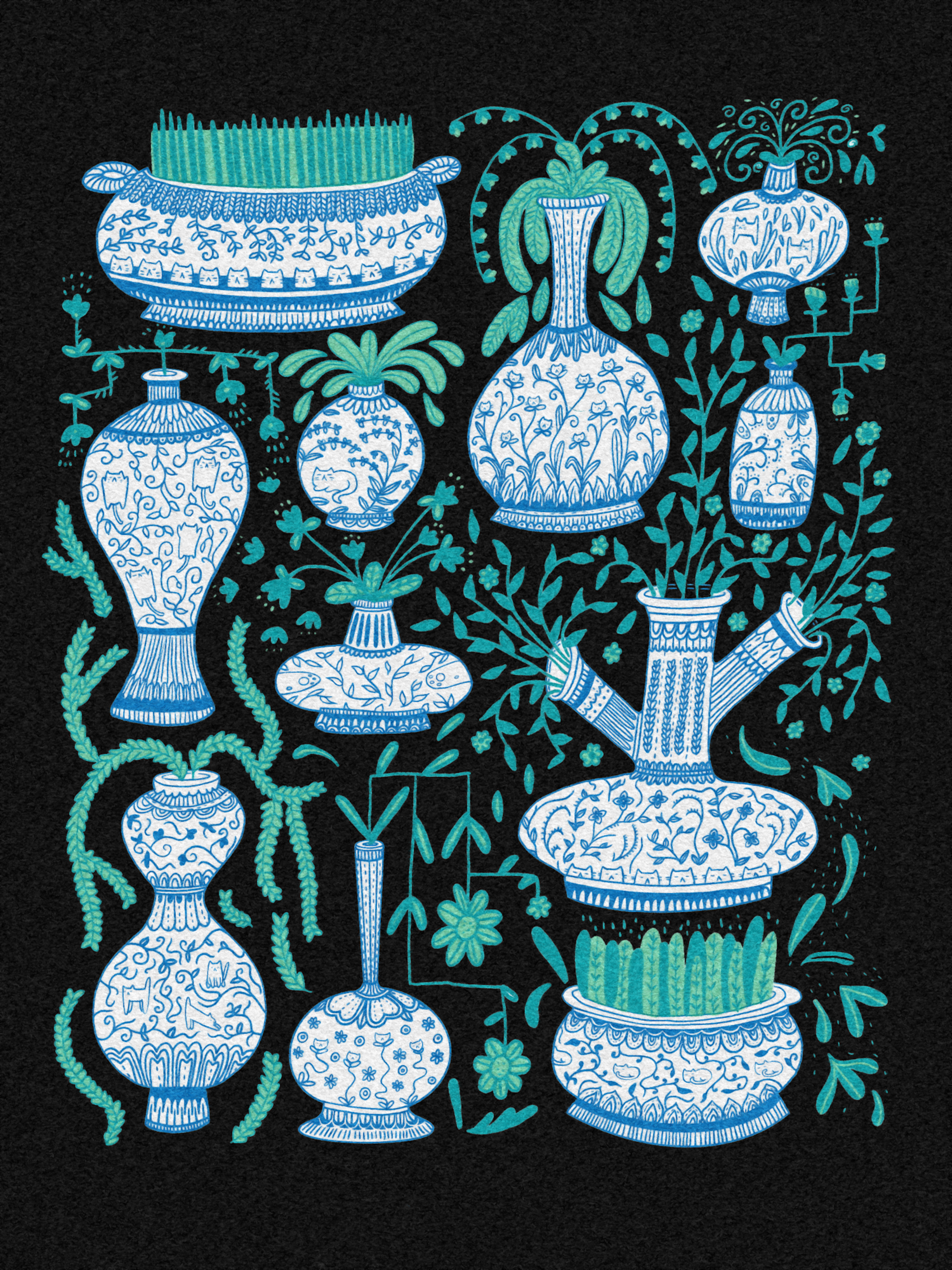 a collection of houseplants in white pots with blue patterns