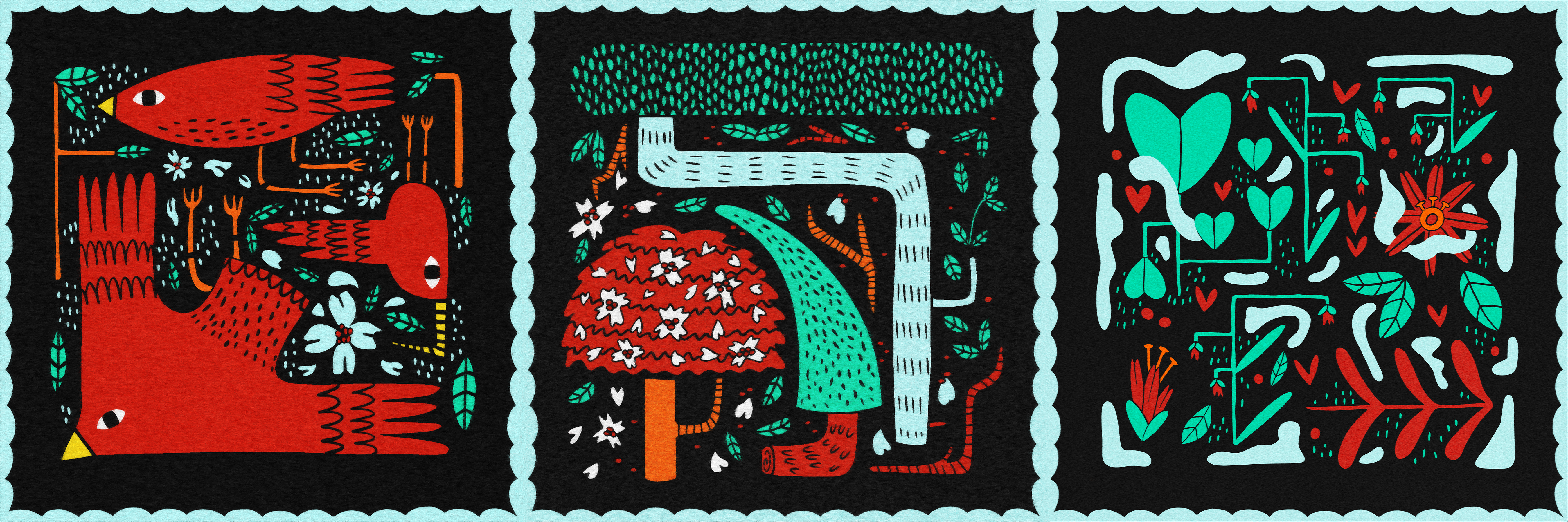 panel of three summertime sceneries: birds, trees, flora