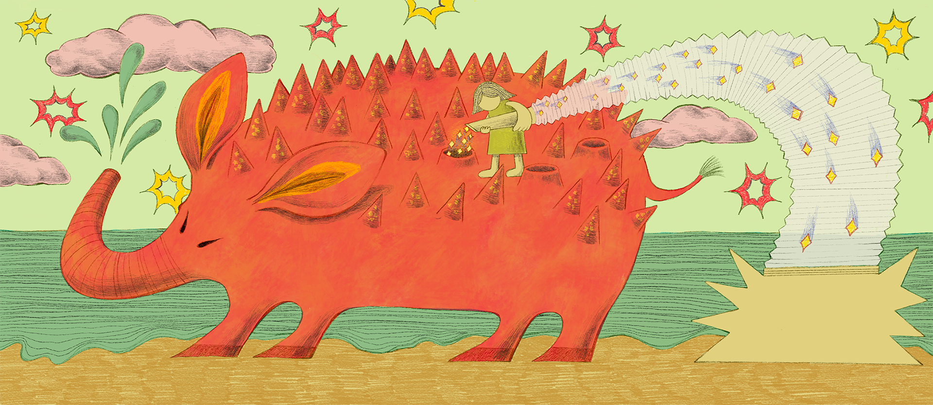a girl harvesting gold from an orange elephant-hedgehog
