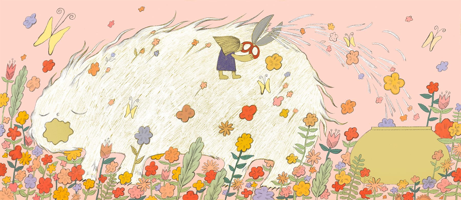 a bed of flowers, a girl snipping her fluffy pet's hair