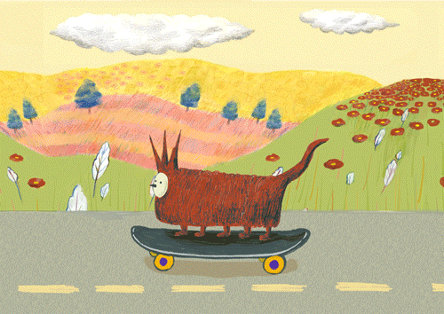 an animated character riding a skateboard