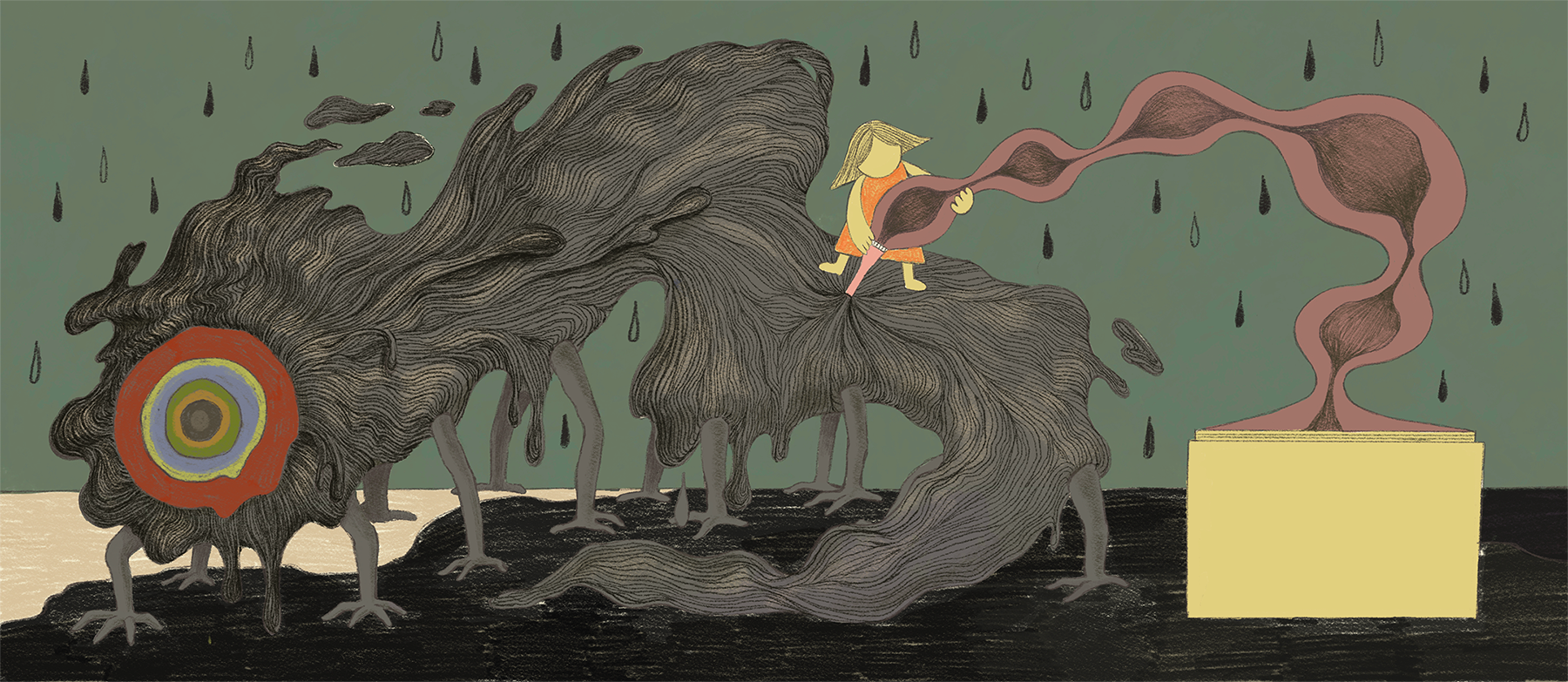 a girl harvesting what looks like thread from an ink monster