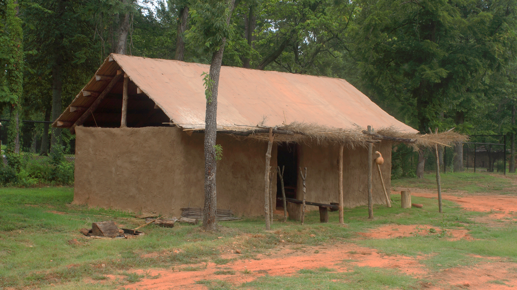 This is an example of a Late-Historic Indian Cherokee wattle and daub Summer House, built at a museum in Oklahoma.