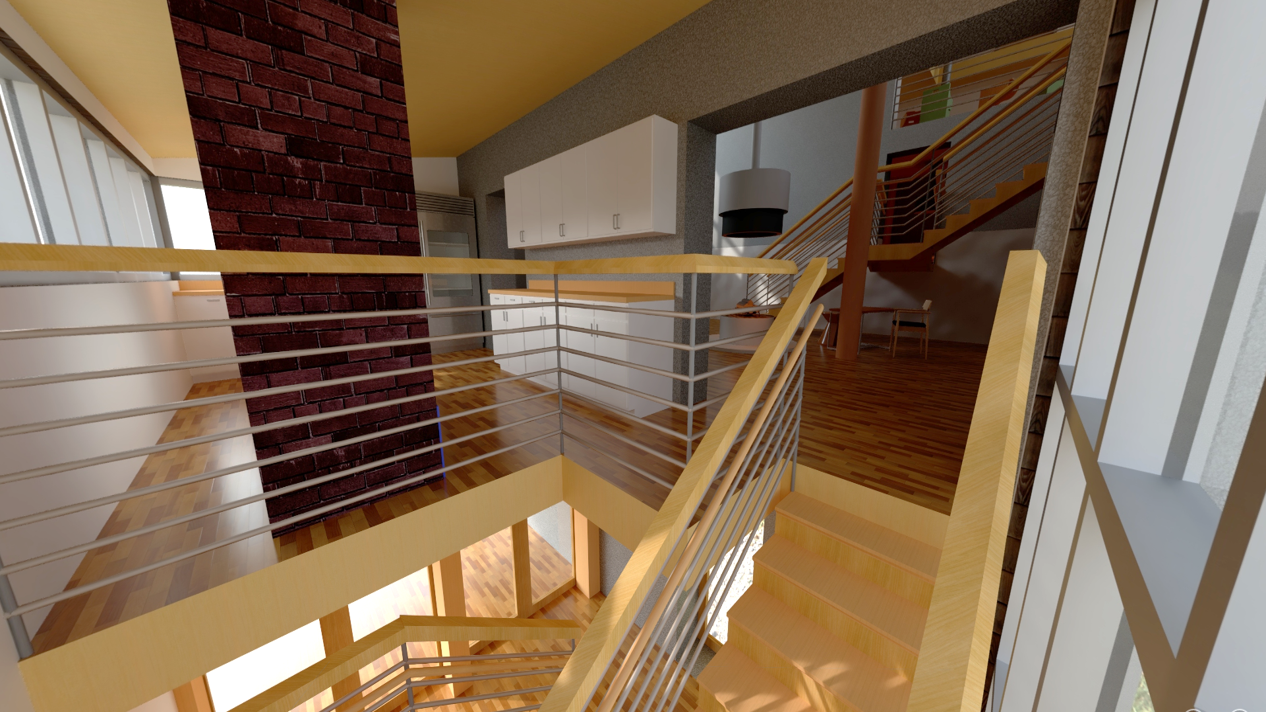 Perspective rendering near the top of the entry stair, by the kitchen
