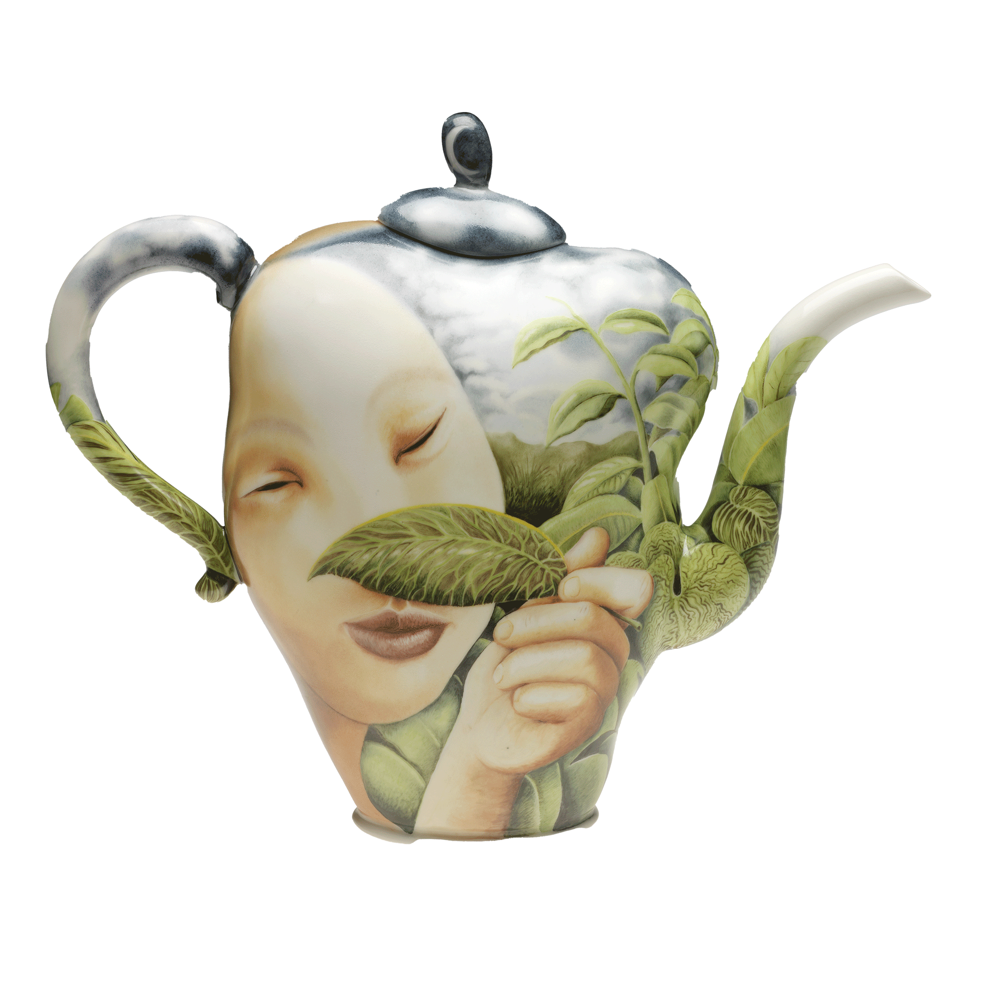 /Teapot%20with%20spout%20facing%20right.%20It%20is%20painted%20with%20a%20large%2C%20light-skinned%20face%20and%20hand%20holding%20a%20green%20leaf%20partially%20over%20face%2C%20surrounded%20by%20tropical%20green%20leaves%20and%20cloudy%20blue%20sky