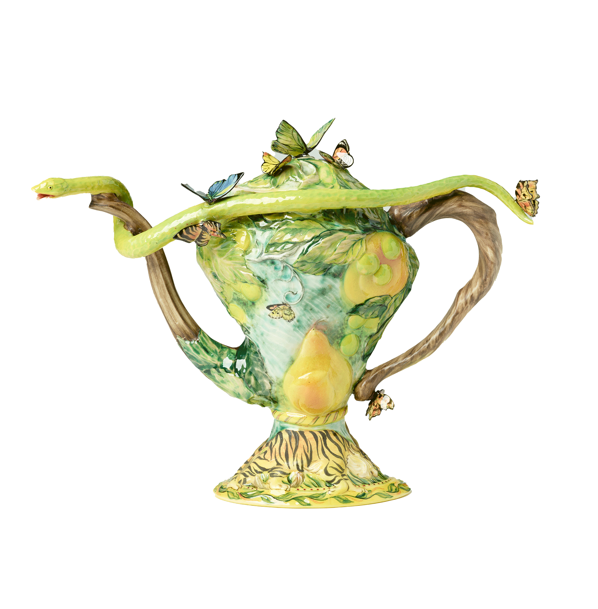 /Teapot%20with%20leaves%2C%20pears%2C%20and%20butterflies%20on%20body.%20Tiger%20on%20the%20base.%203-dimensional%20butterflies%20on%20top%20of%20teapot%20and%20handle.%20Green%203-dimensional%20snake%20stretches%20from%20spout%20to%20handle.