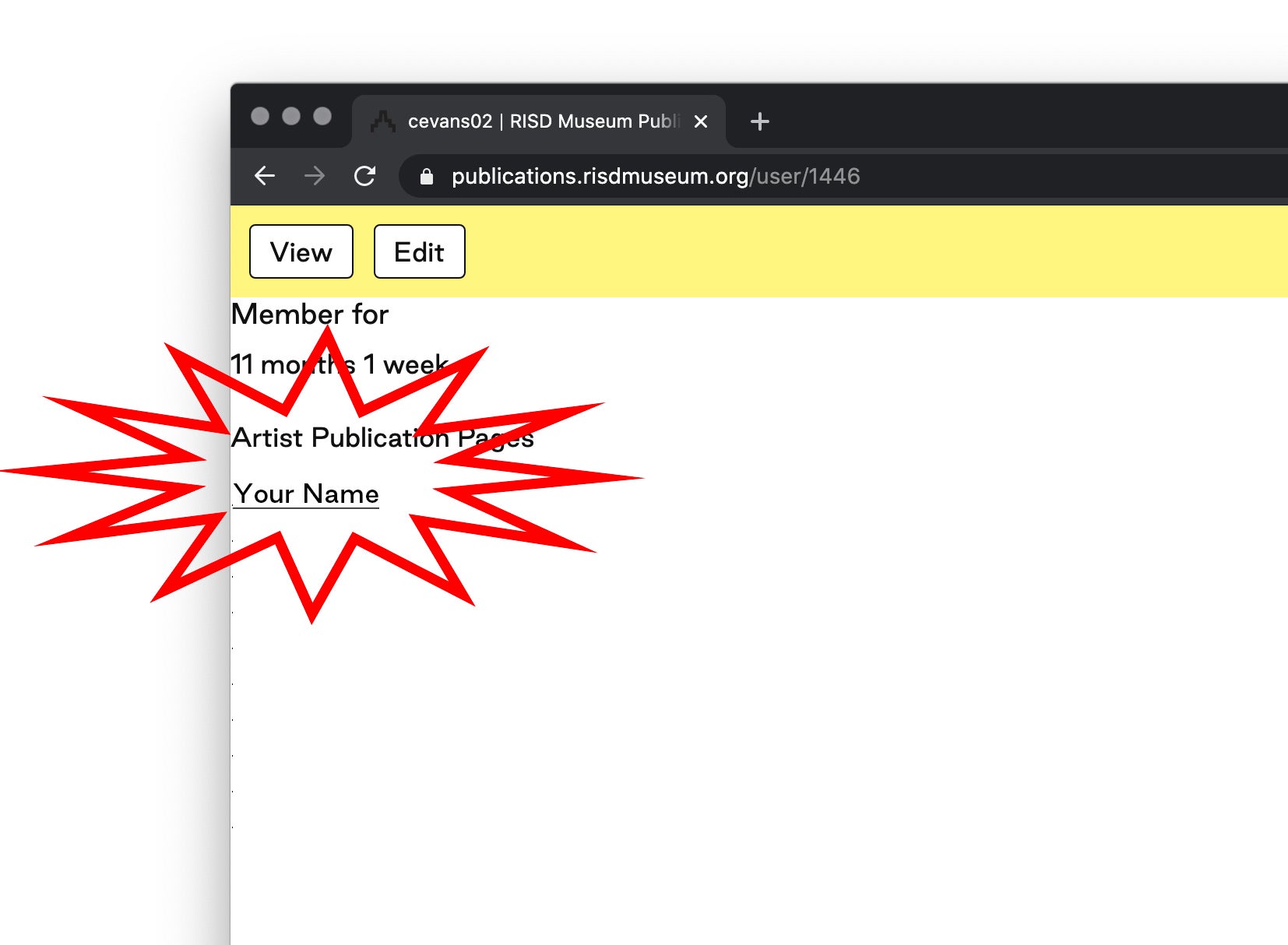 Screenshot of a web browser, indicating that you should click on the link that says your name