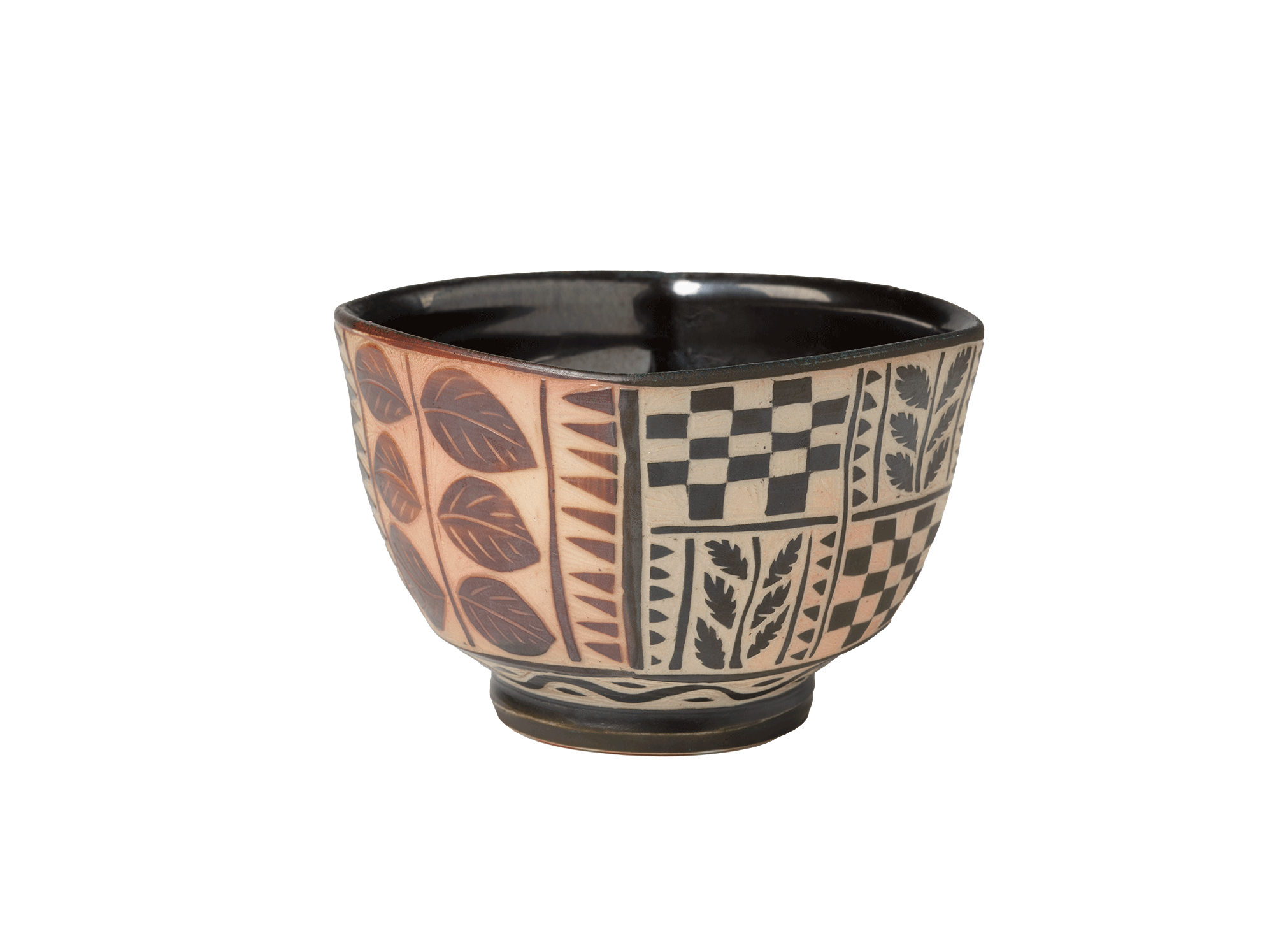 /Square%20bowl%20with%20a%20circular%20foot.%20Black%20interior.%20Red%20leaves%20on%20either%20side%20of%20a%20single%20vine%20on%20the%20left%20side.%20Black%20and%20tan%20checkered%20and%20leaf%20decoration%20on%20the%20right%20side.