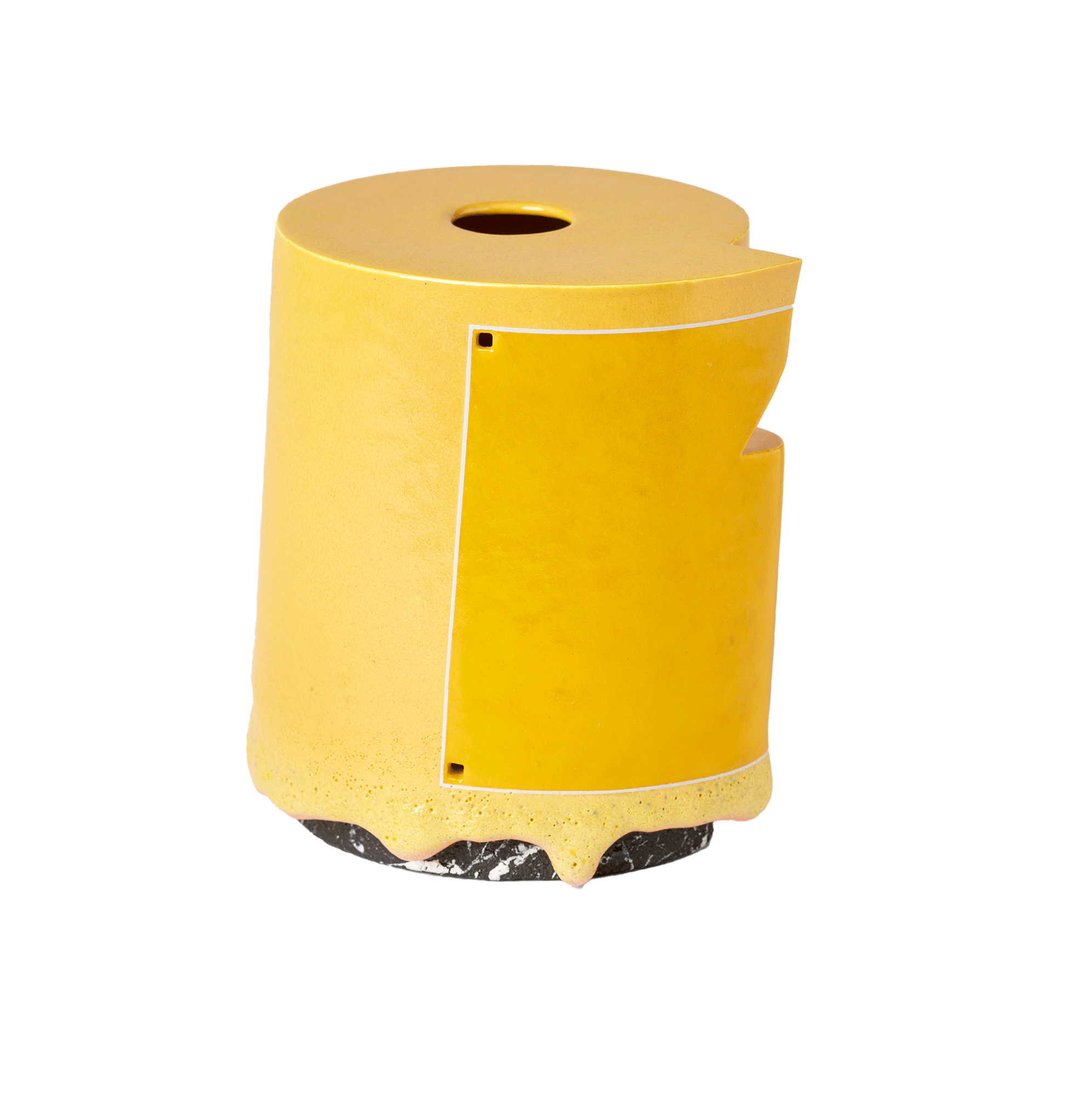 /Yellow%20cylindrical%20form%20with%20a%20hole%20in%20the%20top.%20Darker%20yellow%20square%20framed%20in%20a%20white%20line%20on%20the%20body.%20Yellow%20drips%20over%20a%20black%20base%20with%20streaks%20of%20white.%20