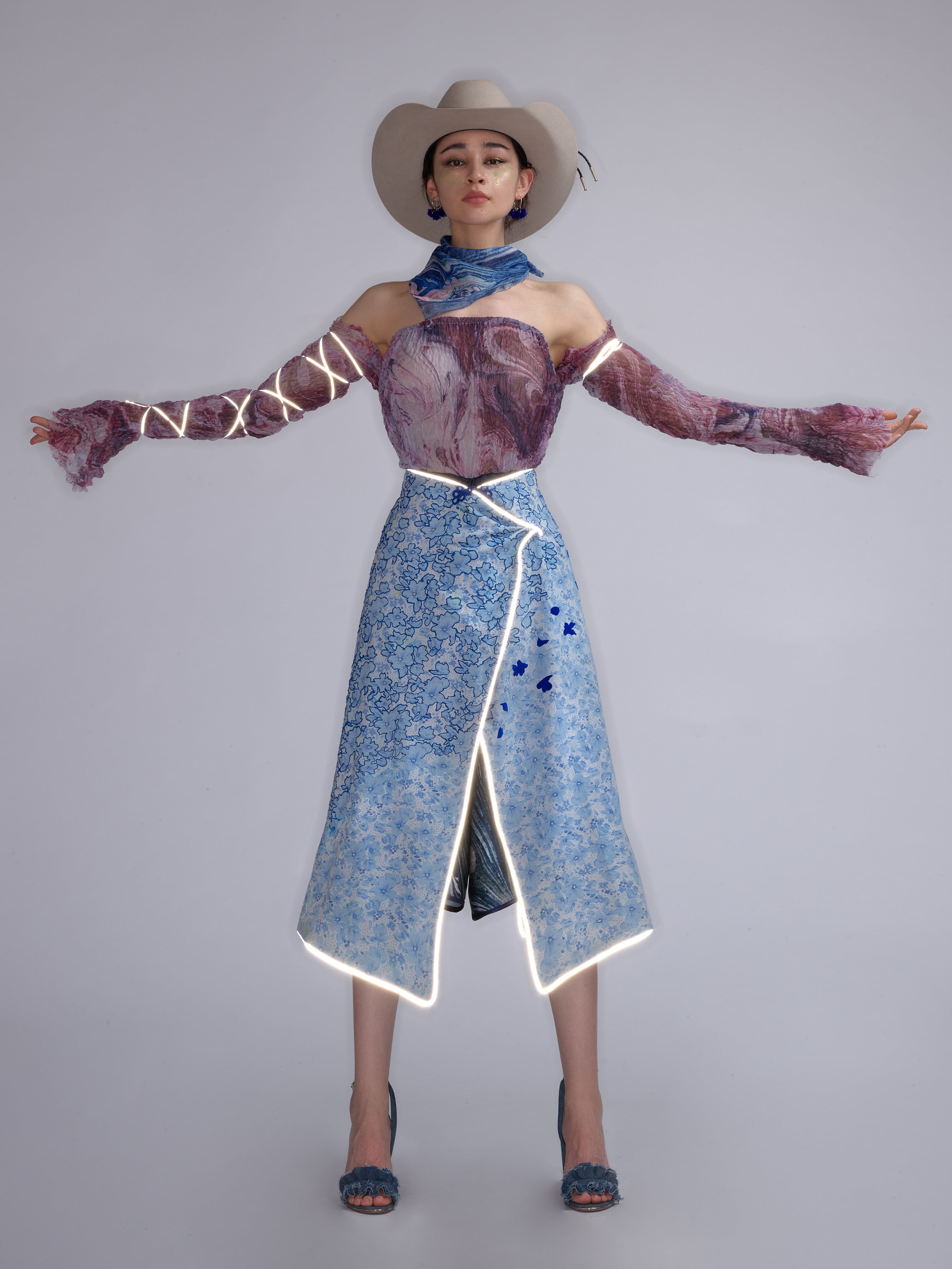 purple pleats dress with recycled bed sheet skirt 