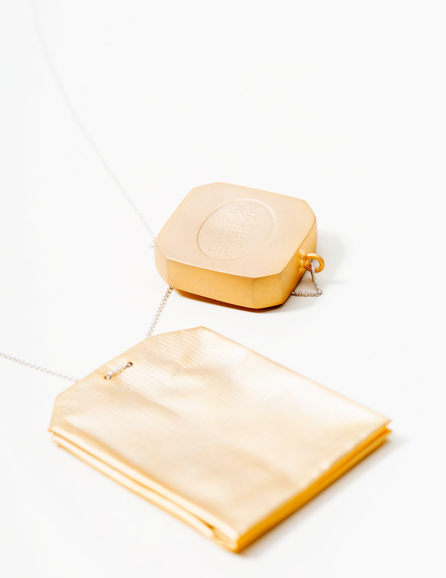 乌龙茶 (Oolong Tea) , this is a neckalce with handfabricated tea bag and tea bag tag, both plated with 14kt gold. 