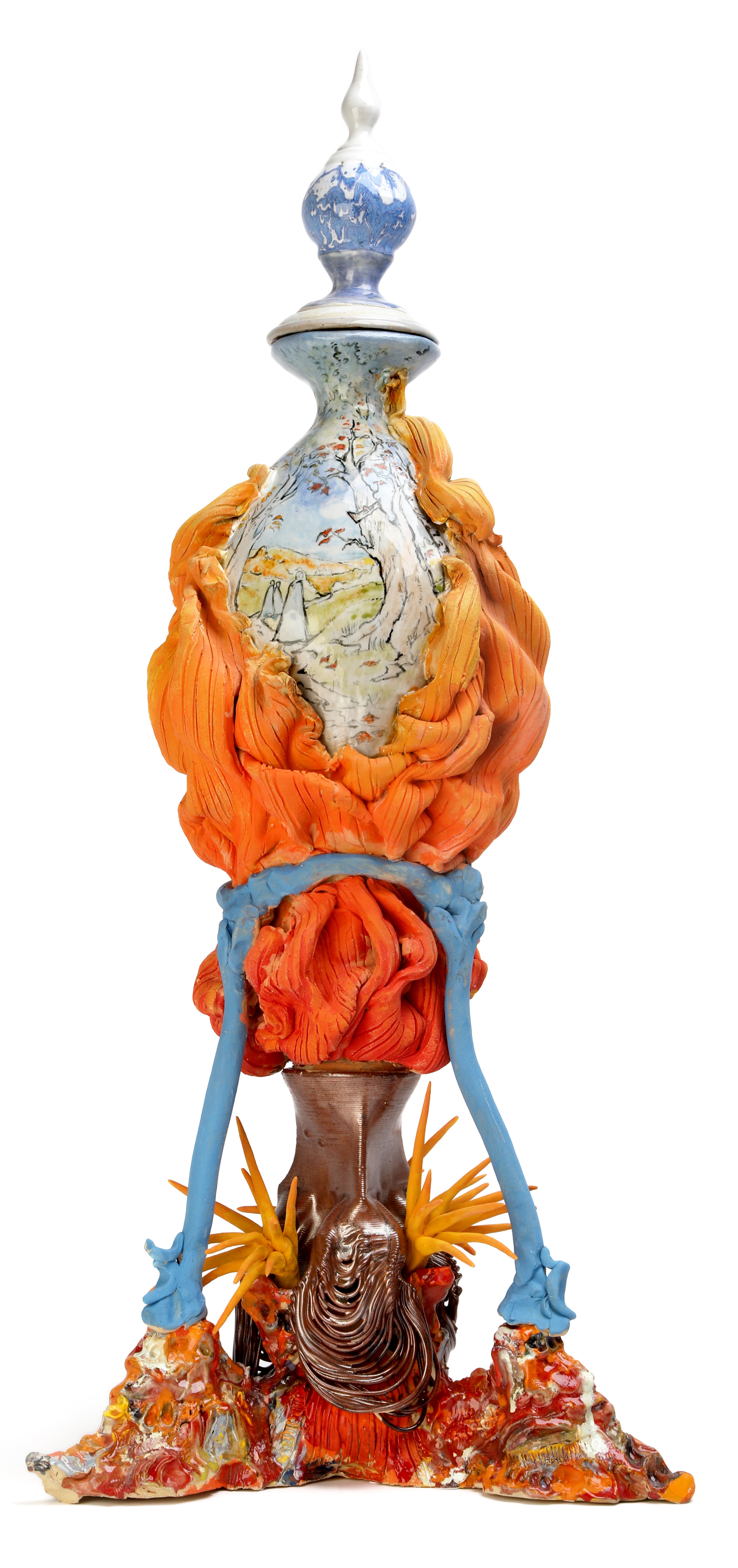 Clay Vessel Based on Autumn by Matt Becker. Illustrated and sculpted with a variety of techniques. 