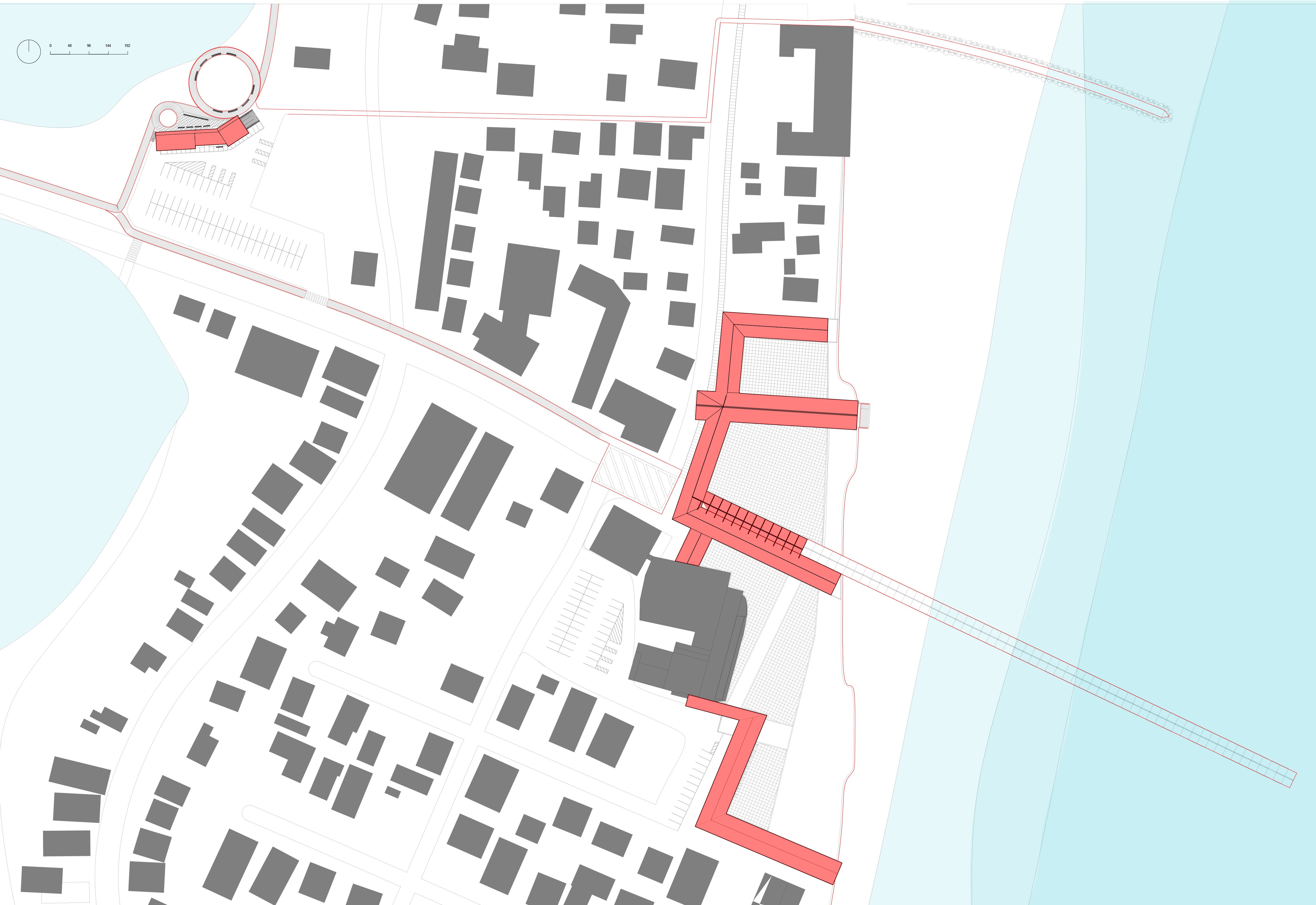 A plan drawing showing the relationship between trail systems and the Casino Square area adjacent the beach.