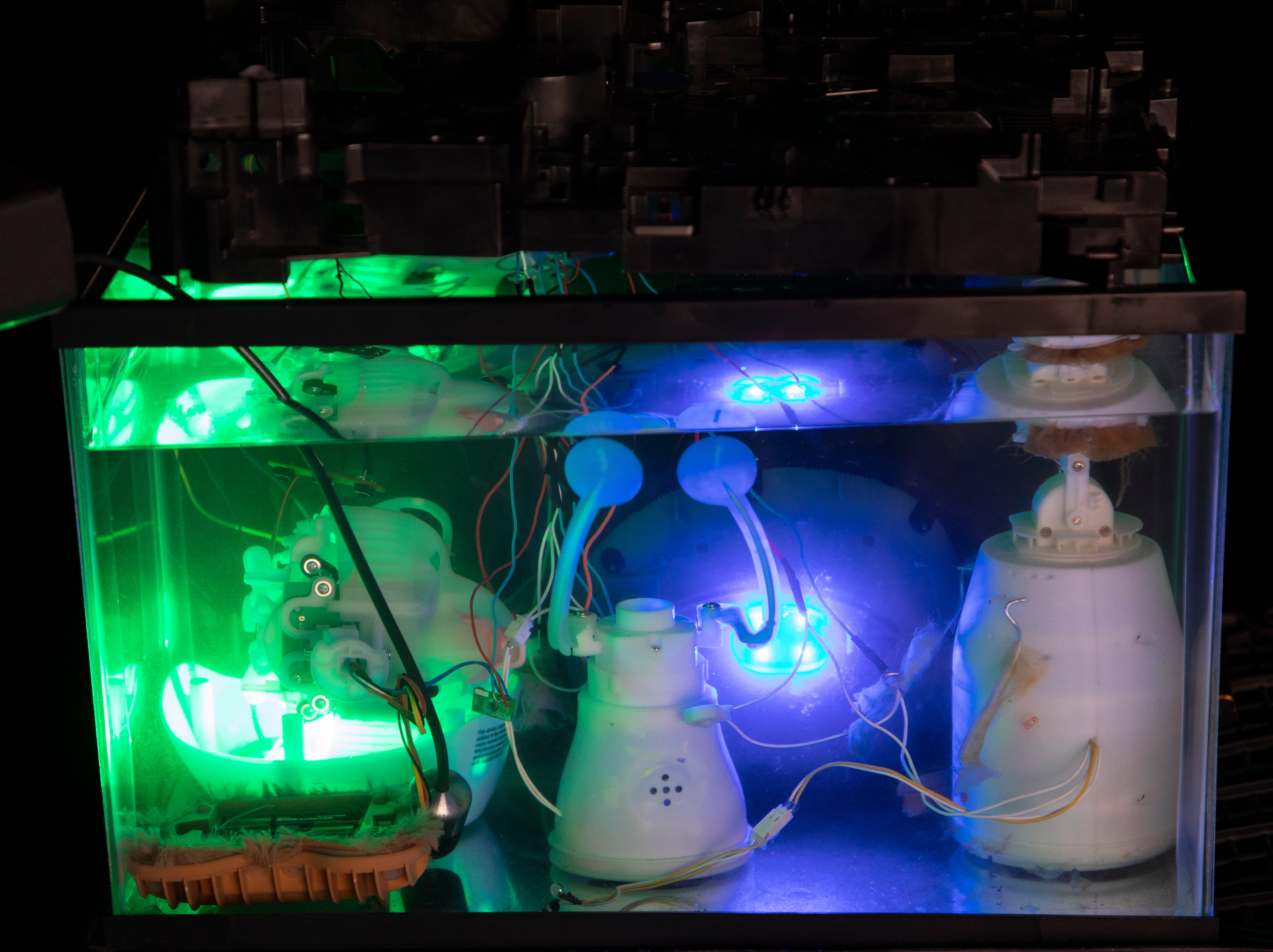 installation view, animatronic toys in oil