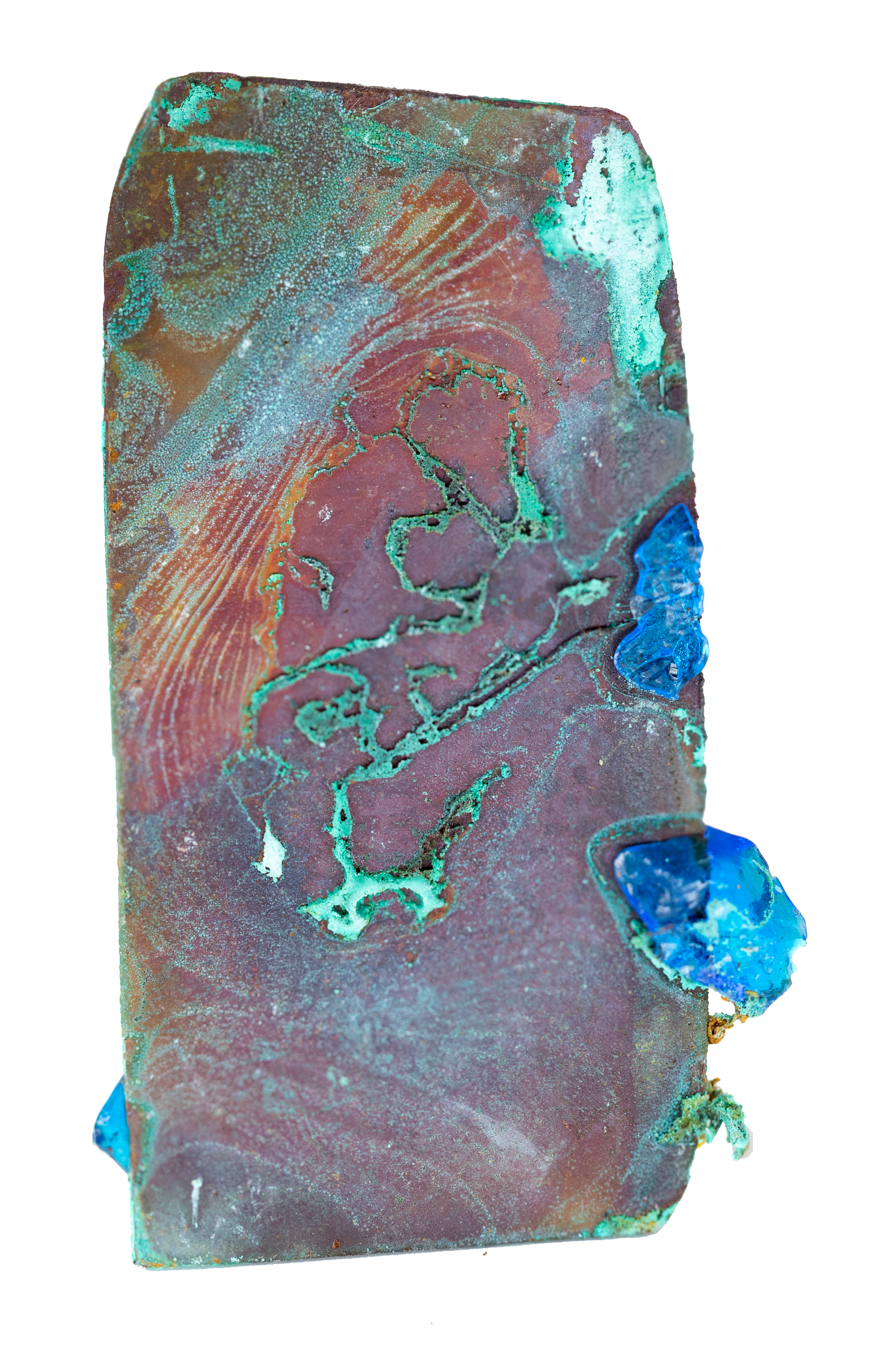oxidized copper plate with blue copper sulfate crystal