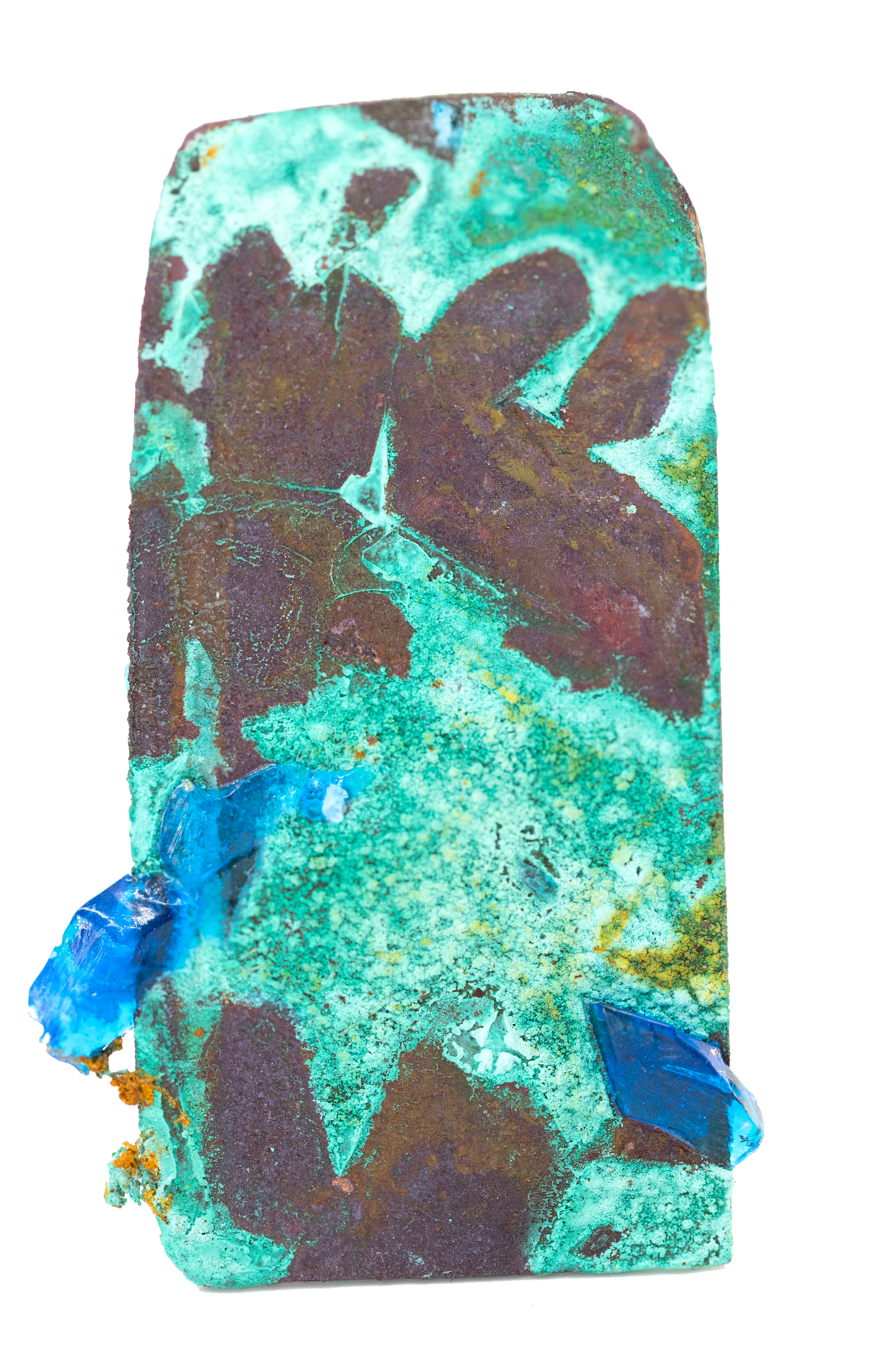 oxidized copper plate with blue copper sulfate crystal