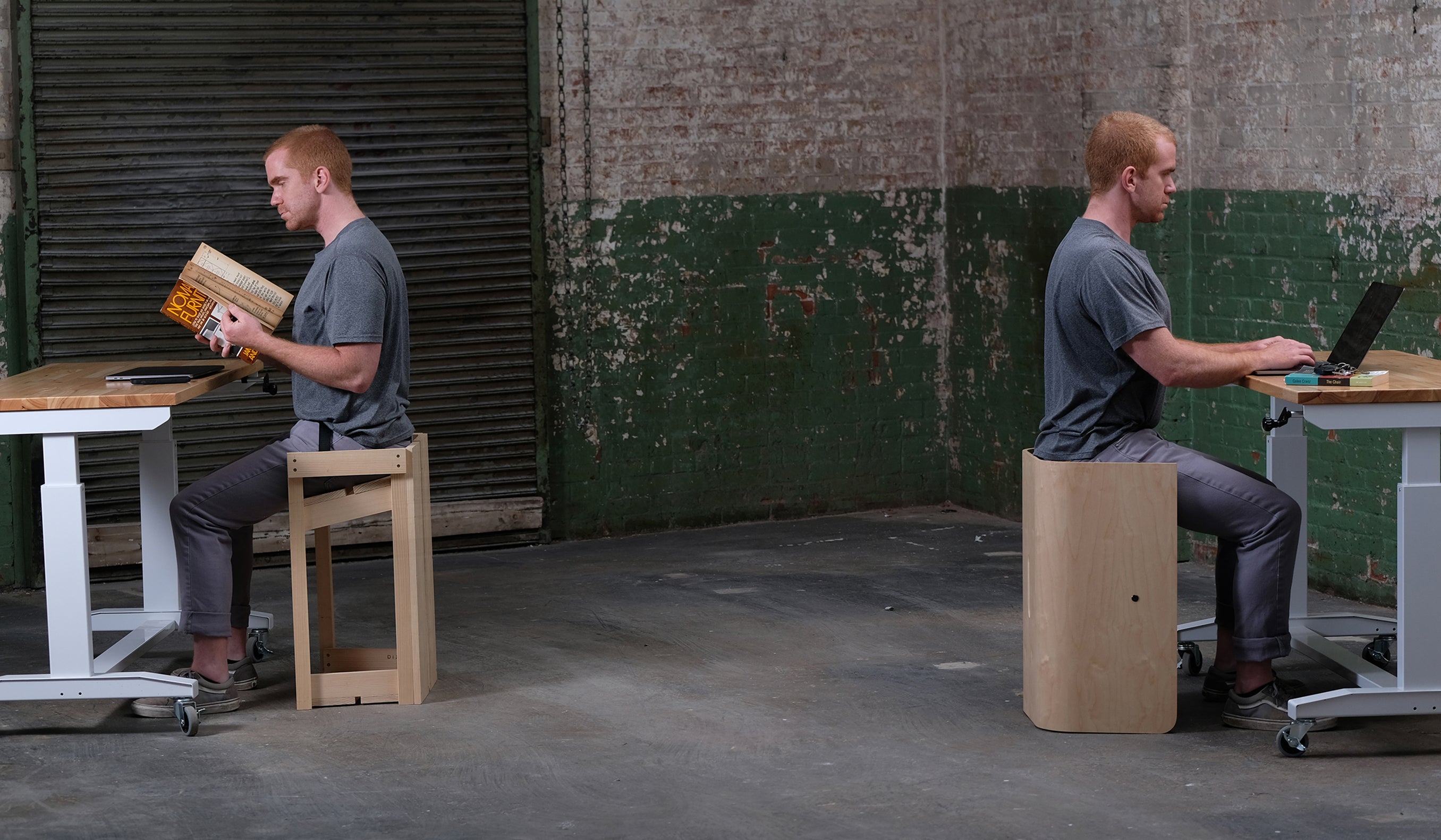 Image of me sitting at both versions of The Next One  in its upright position.