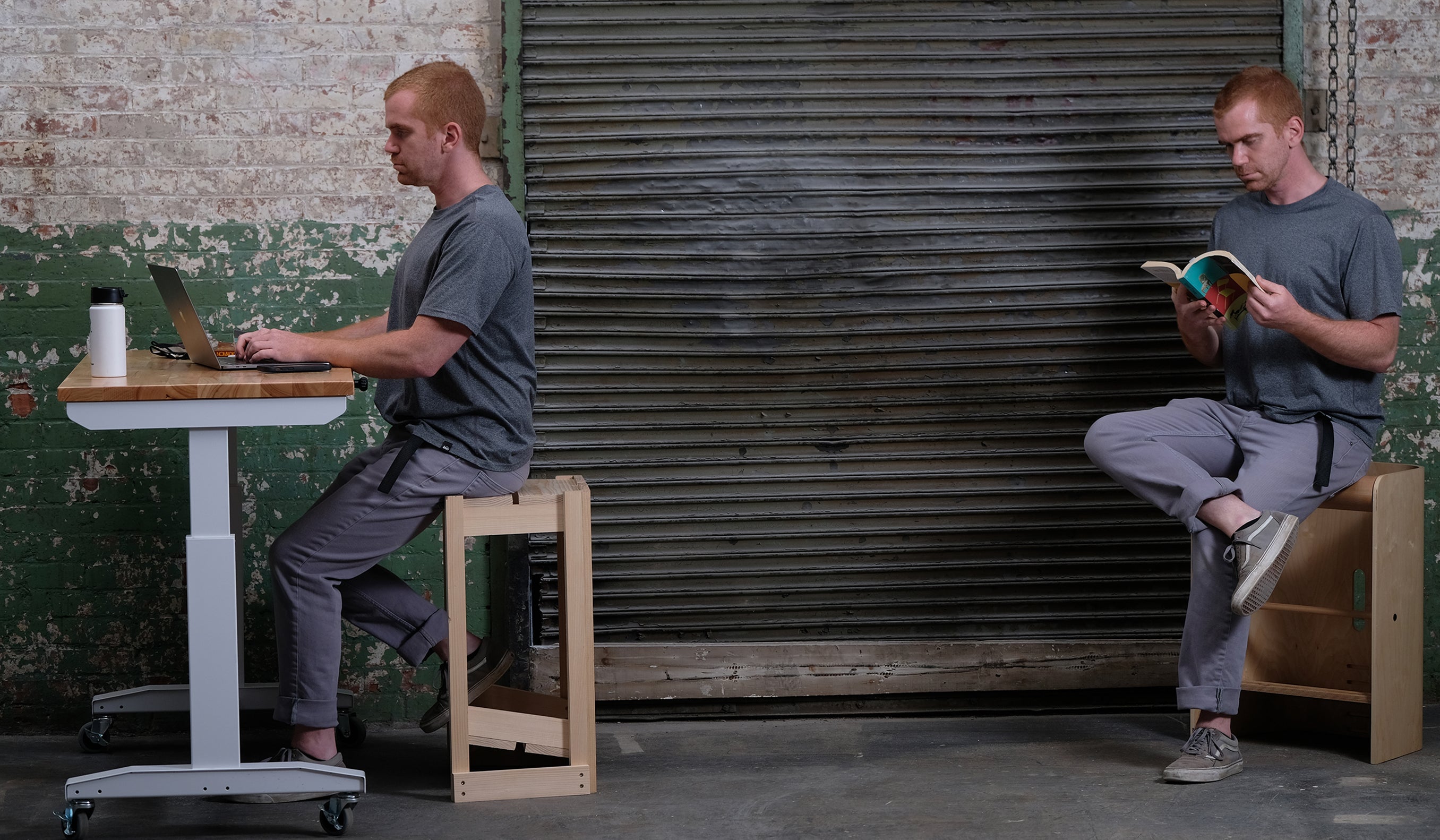 Photo of me seated on both versions of The Next One in its upside-down position.