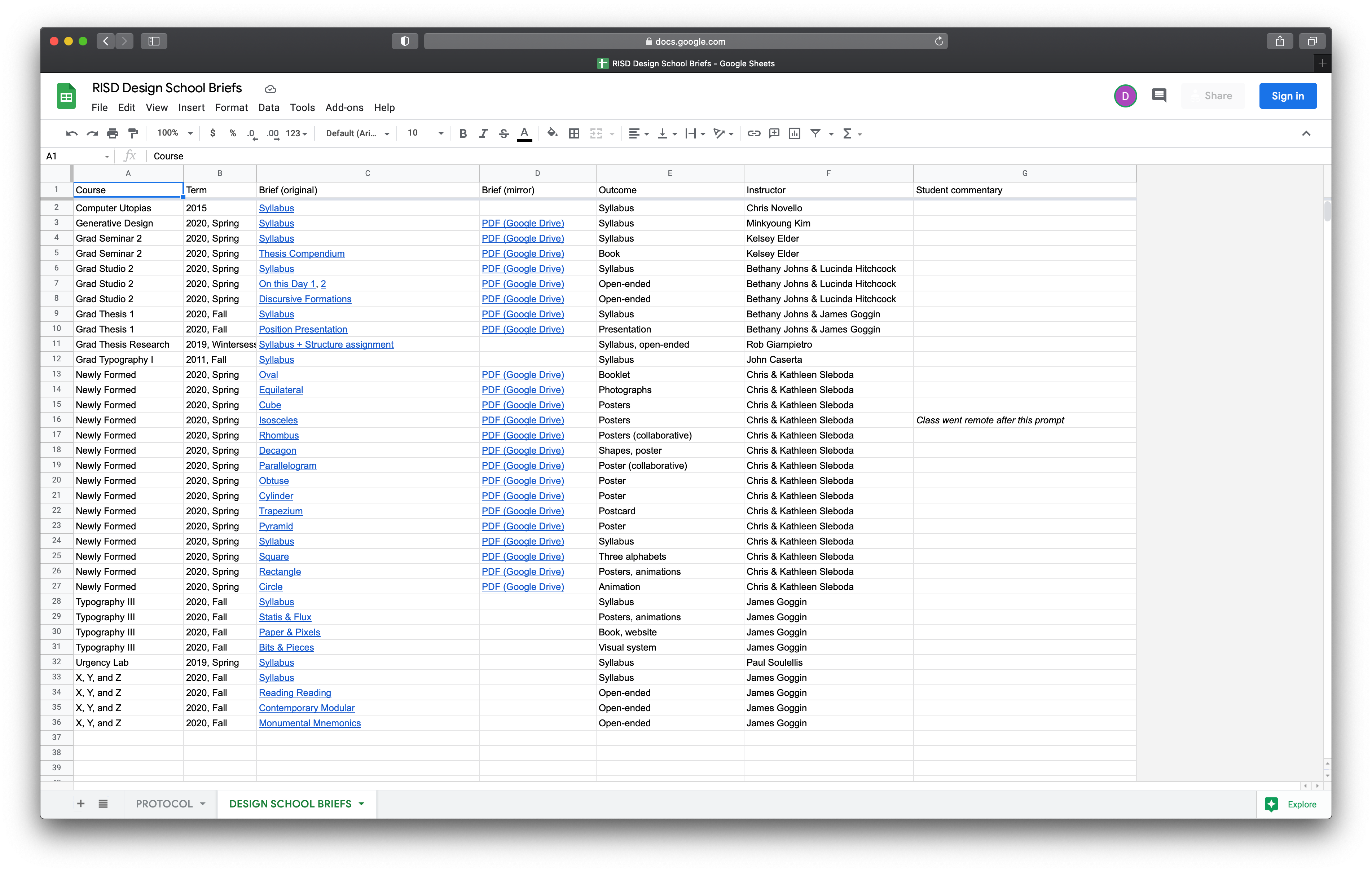 Design School Briefs shared spreadsheet