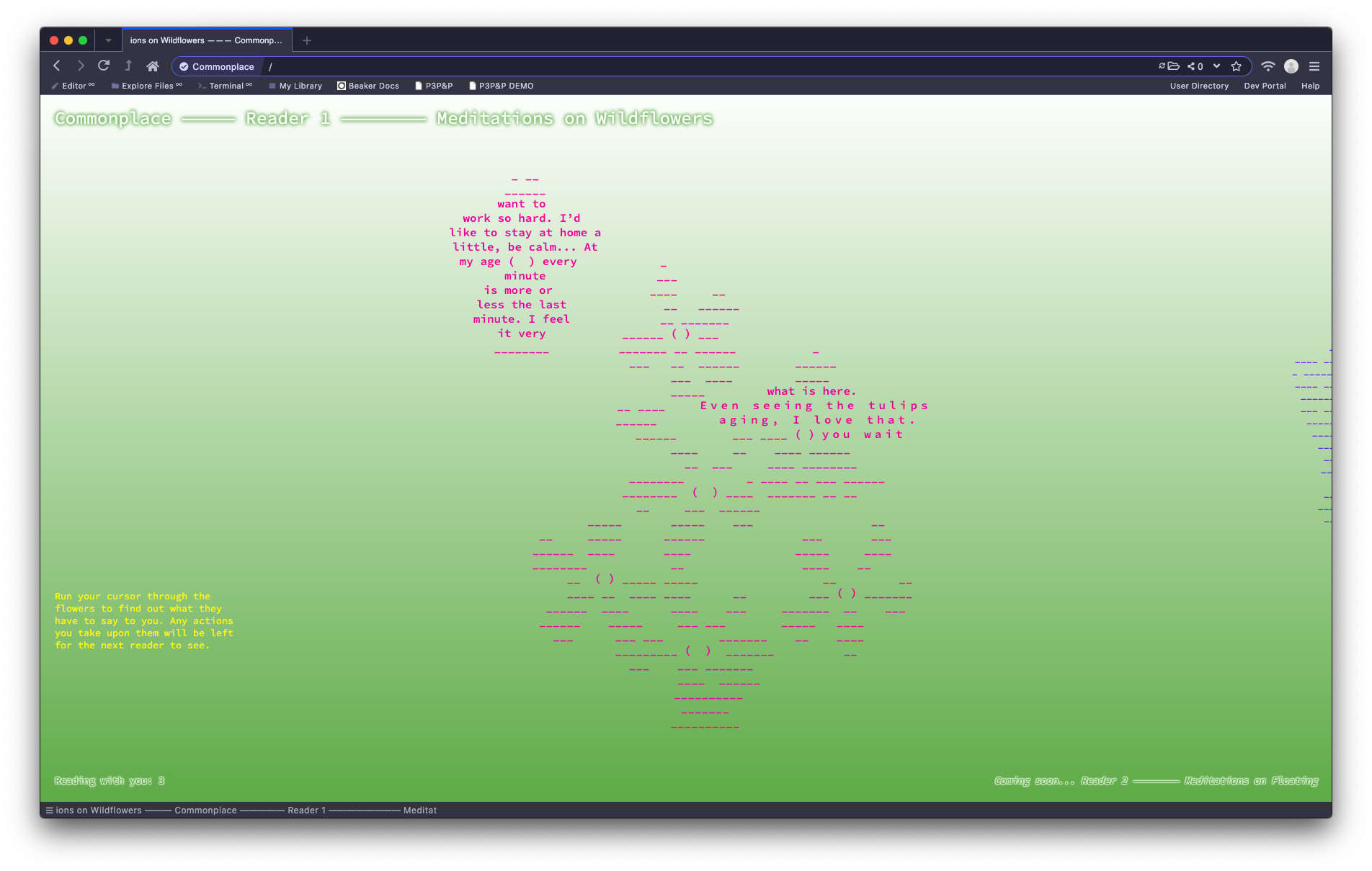 Hovering over the ASCII flowers reveals text