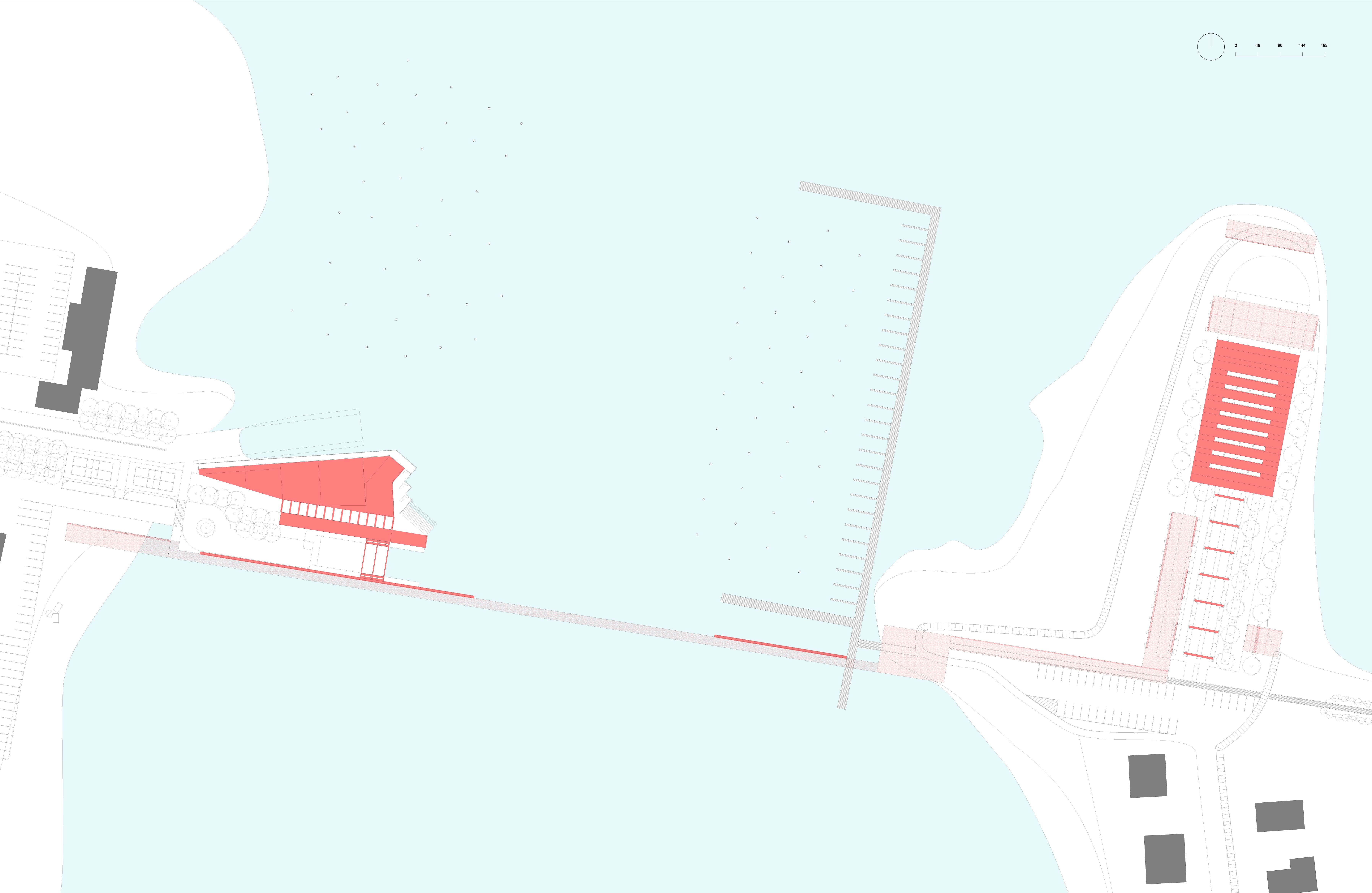 A plan drawing showing the relationship between the harbor park facilities and the market park adjacent the marsh.