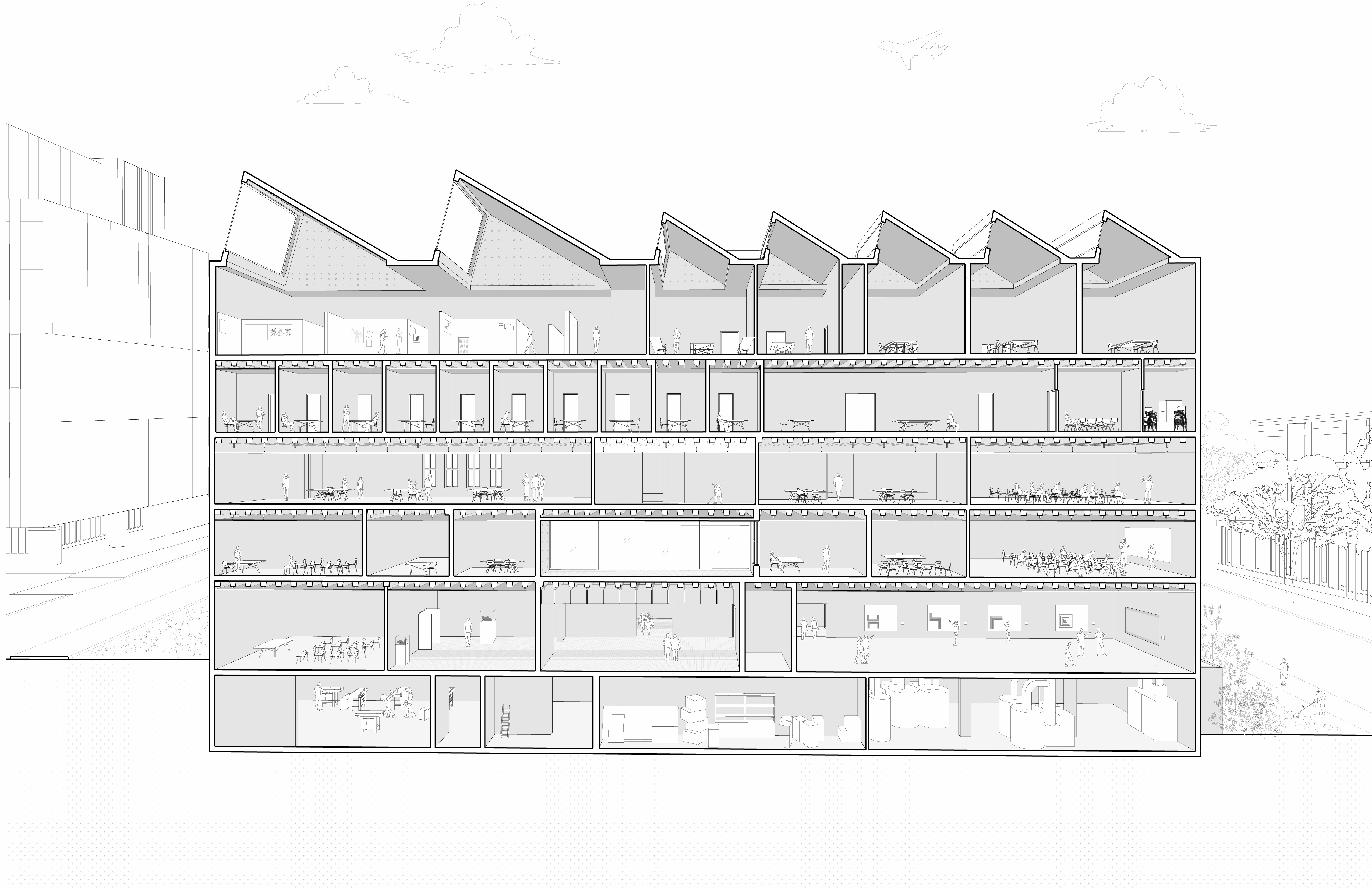 section perspectives showing the progression of deconstruction and reconstruction