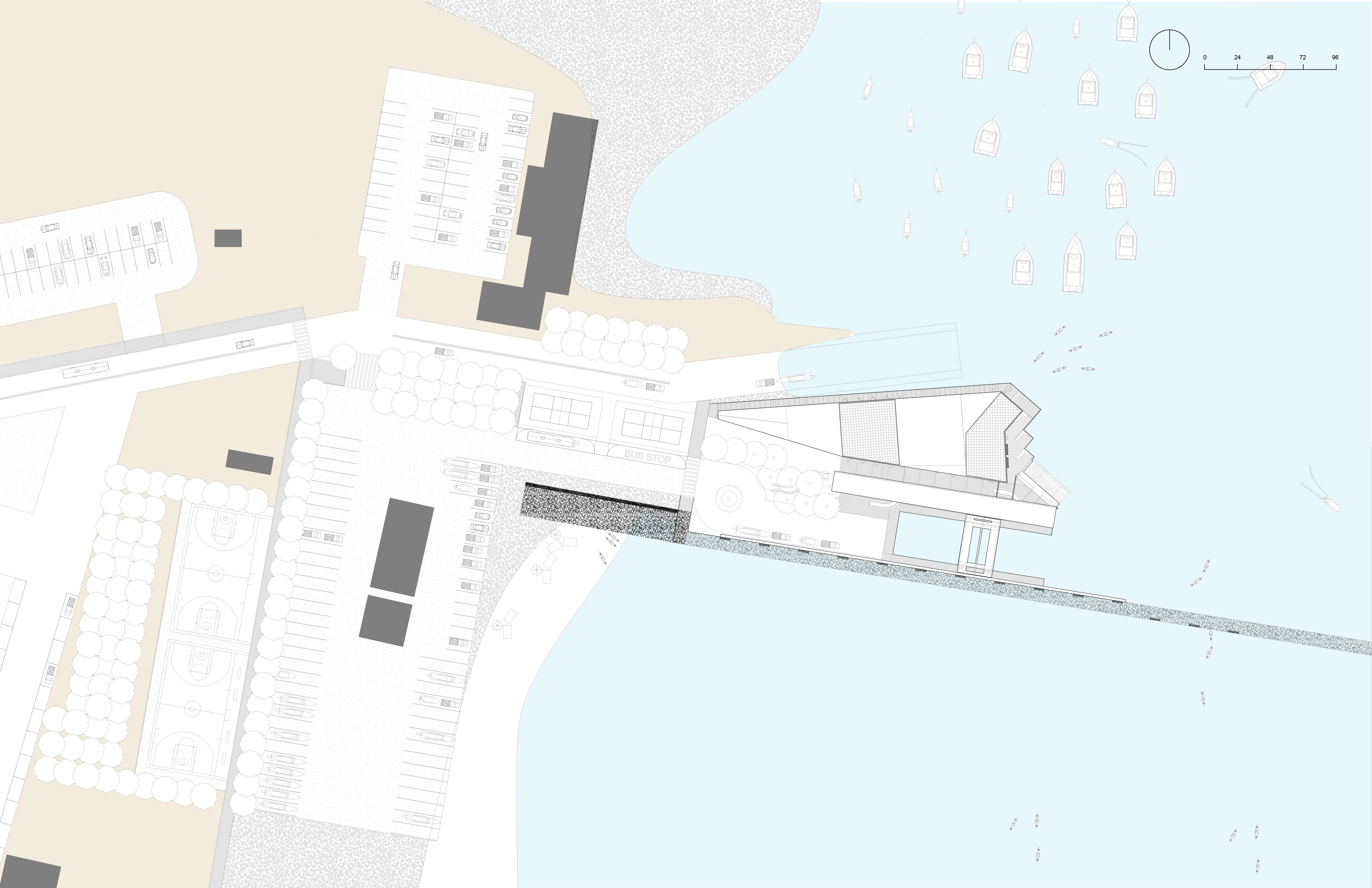 A drawing of the harbor park facility and its connection to the bridge
