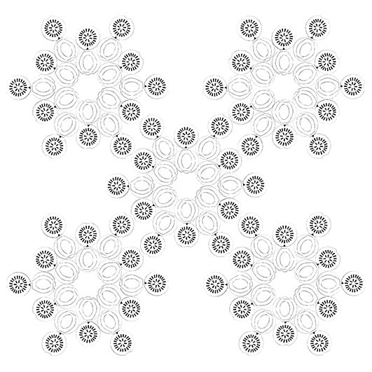 black and white line drawing pattern of small circle forms, forming an X shape. The pattern looks like a snowflake at first, but reveals itself to be circular compacts of birth control pills
