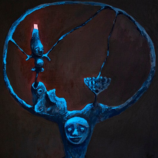 painting; a large blue circle terminates in a small smiling face