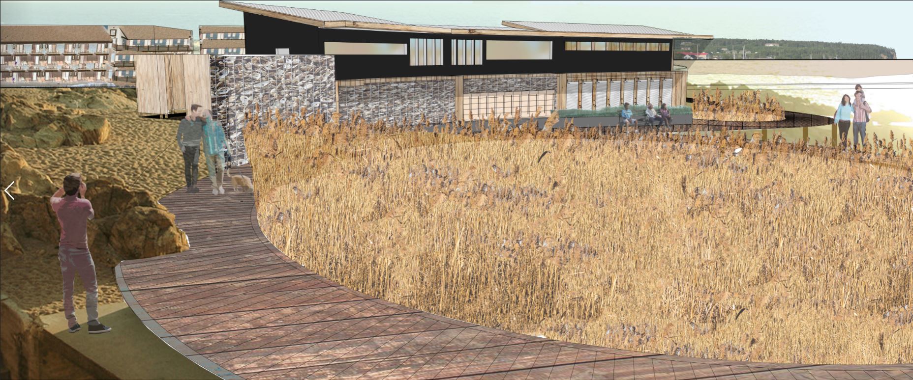 A perspective of the marsh bath house complex.