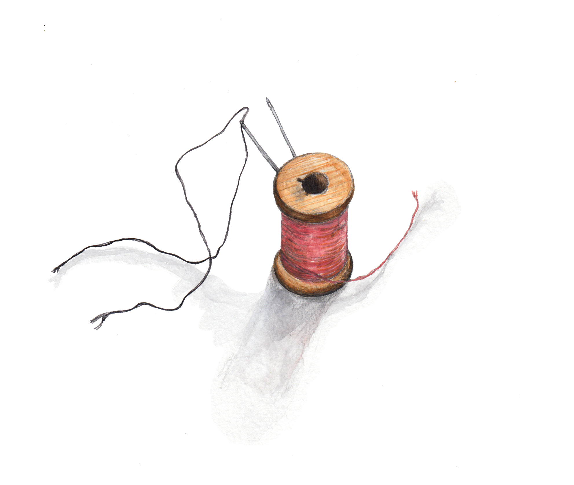 A pink spool of thread with two needles stuck in it.