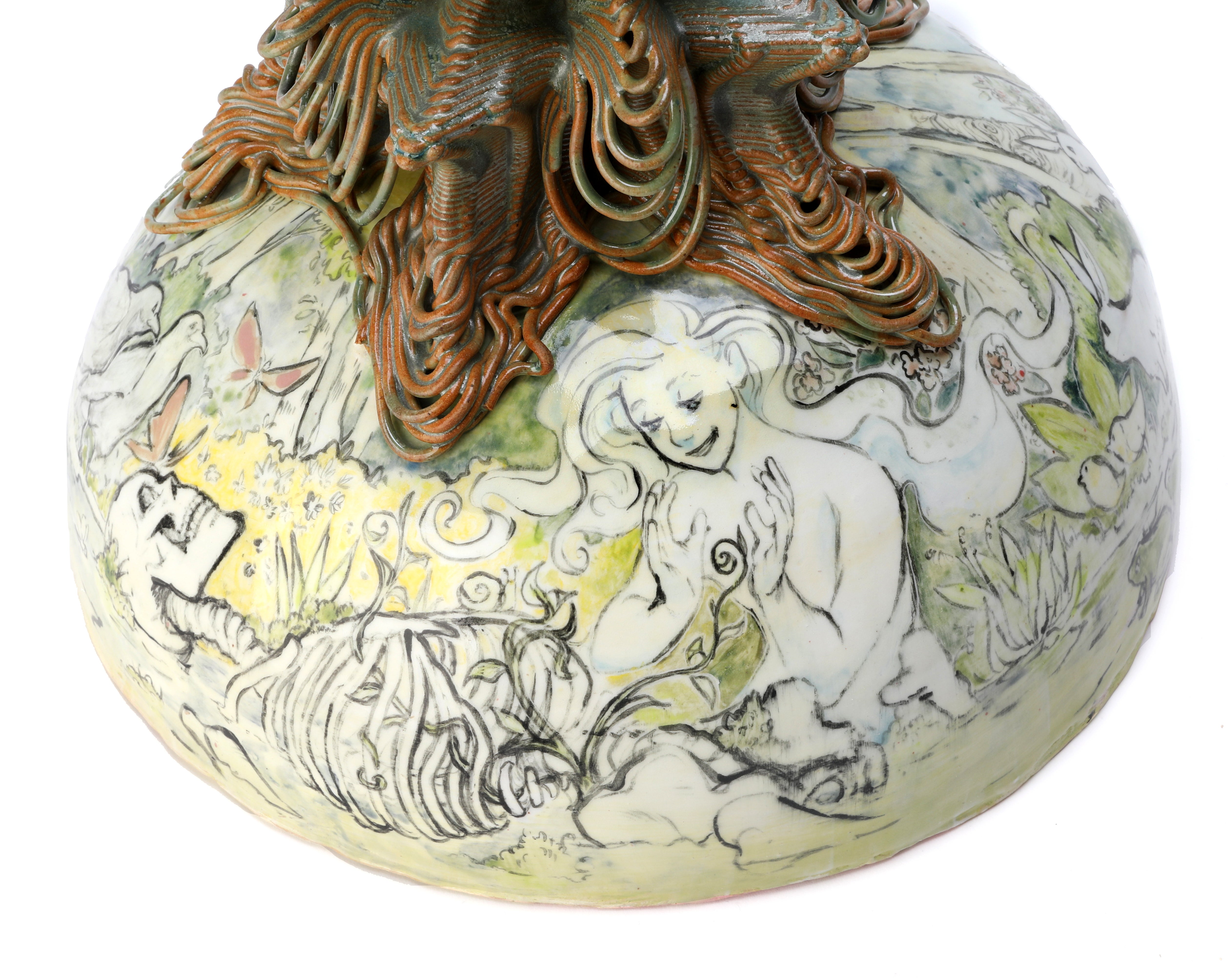 Illustration on Spring Vessel of a ghost talking to a plant growing out of a skeleton. 