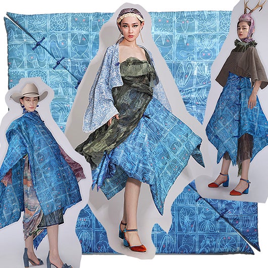 Color photo collage; the background is a blue padded square of fabric with a sea creature pattern. The foreground is three images of a young Asian woman wearing the fabric garment in different ways