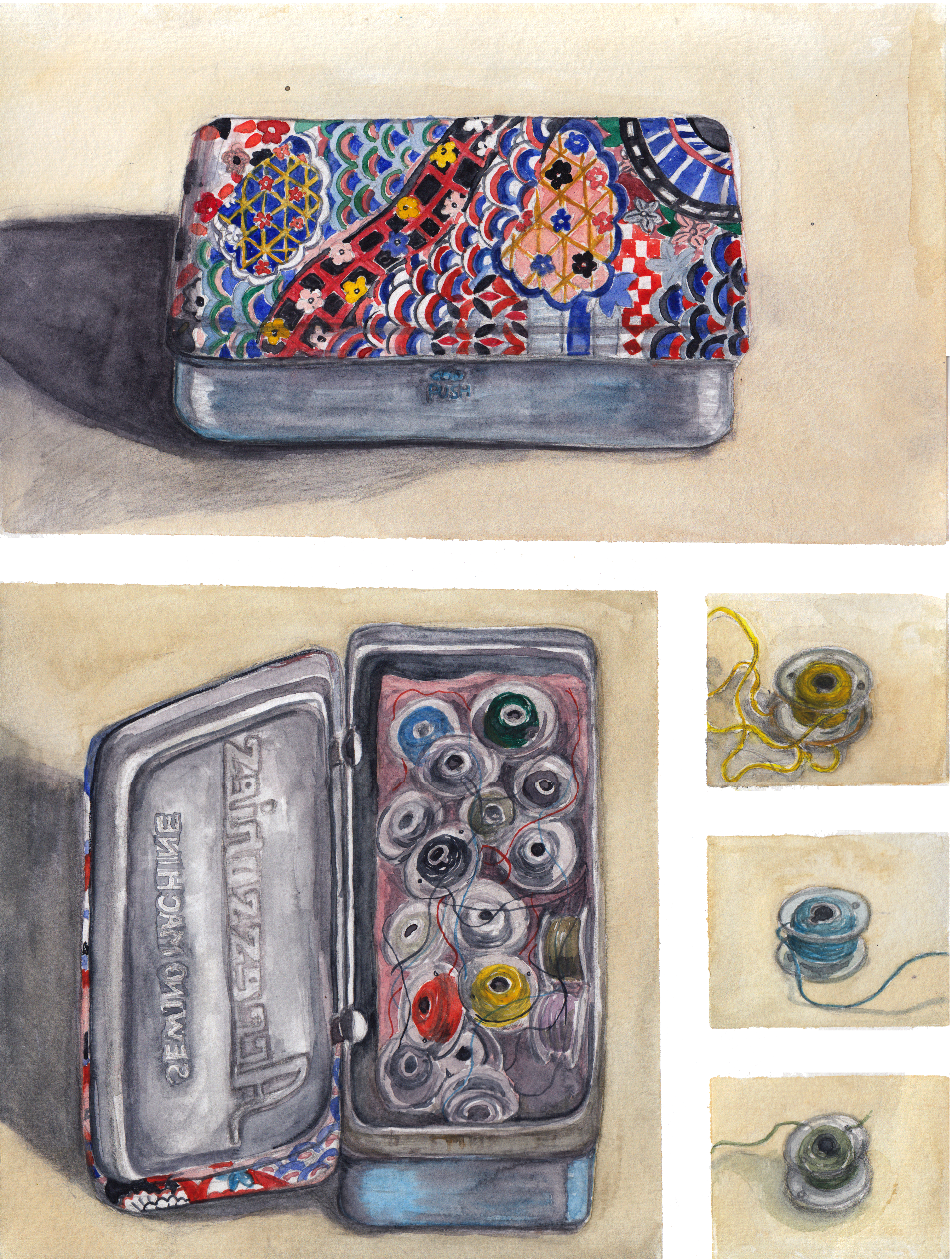 A metal box with origami paper decorating the lid and sewing machine bobbins inside. 