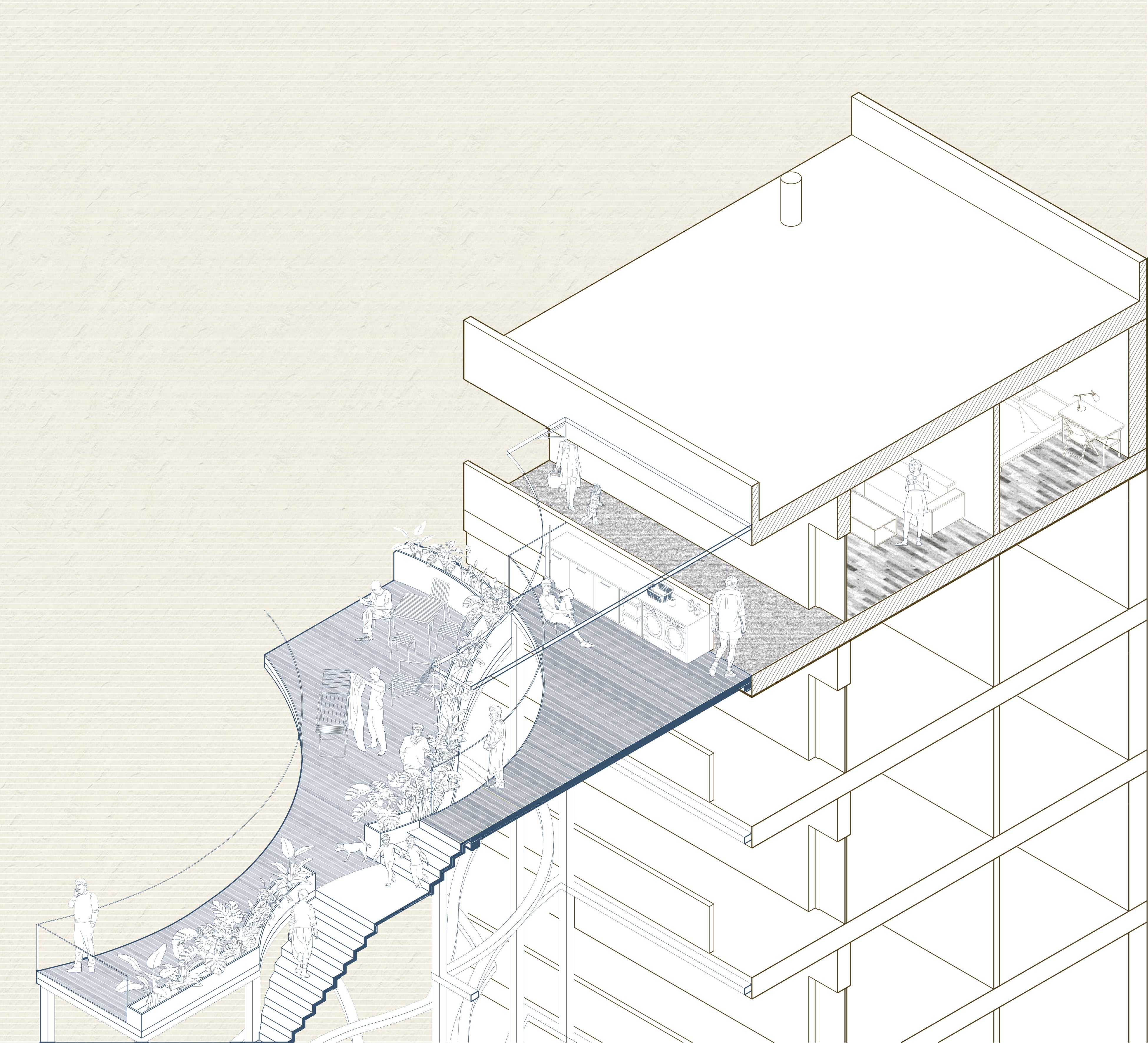 Partial section shows the relationship between different layers