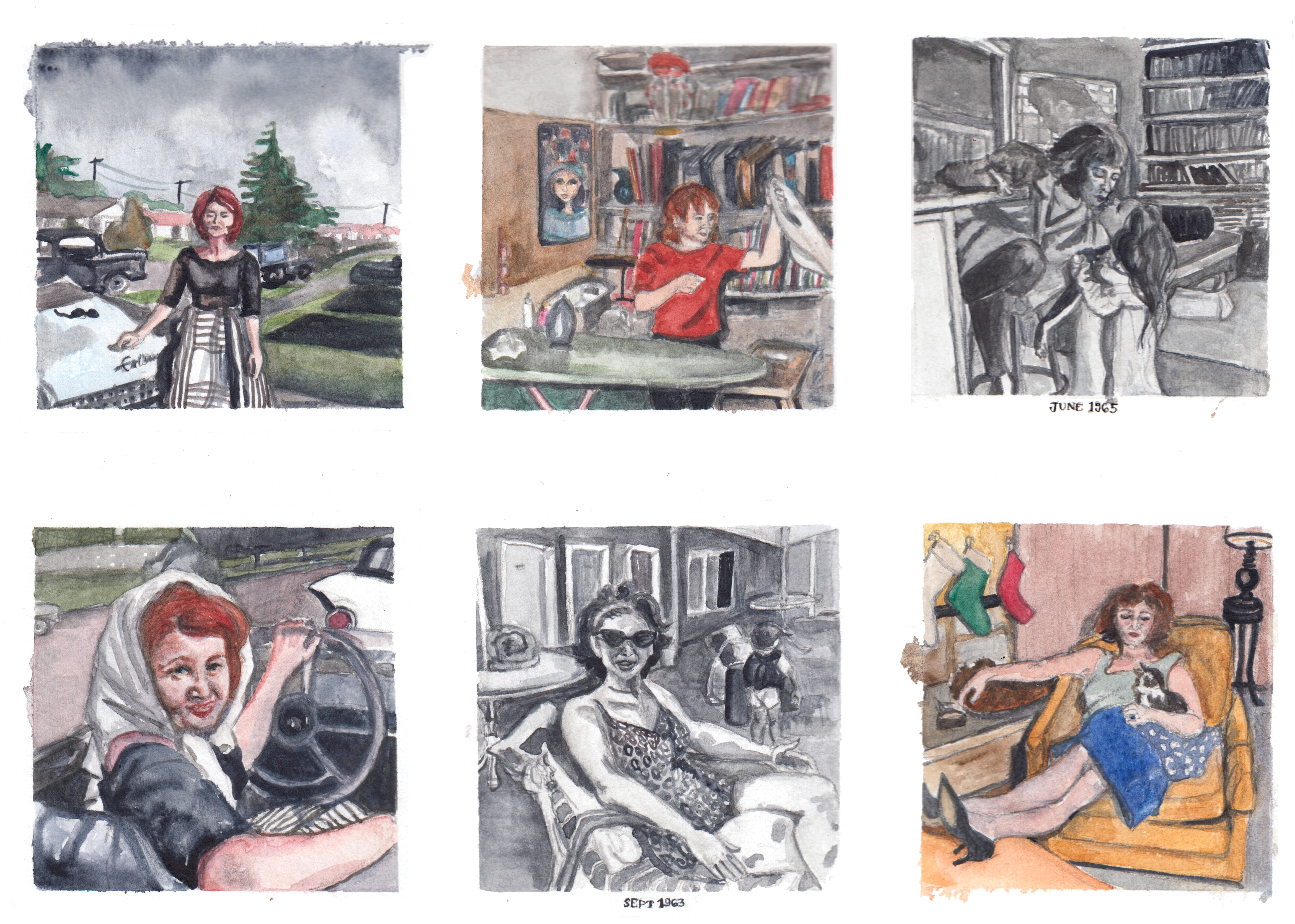A grid of six images each of a woman engaged in different activities over the years