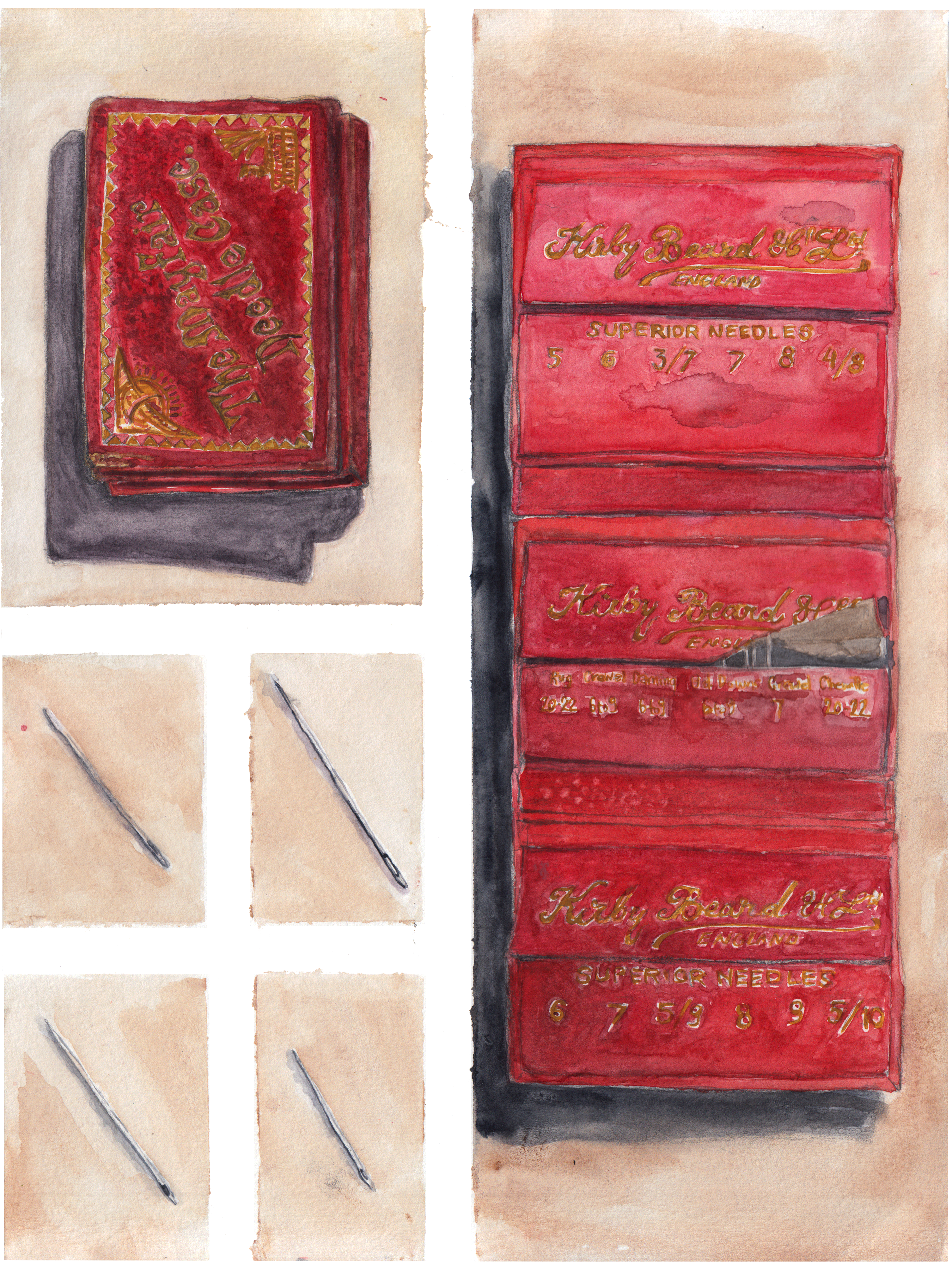 A red leather needle case and needles in a grid