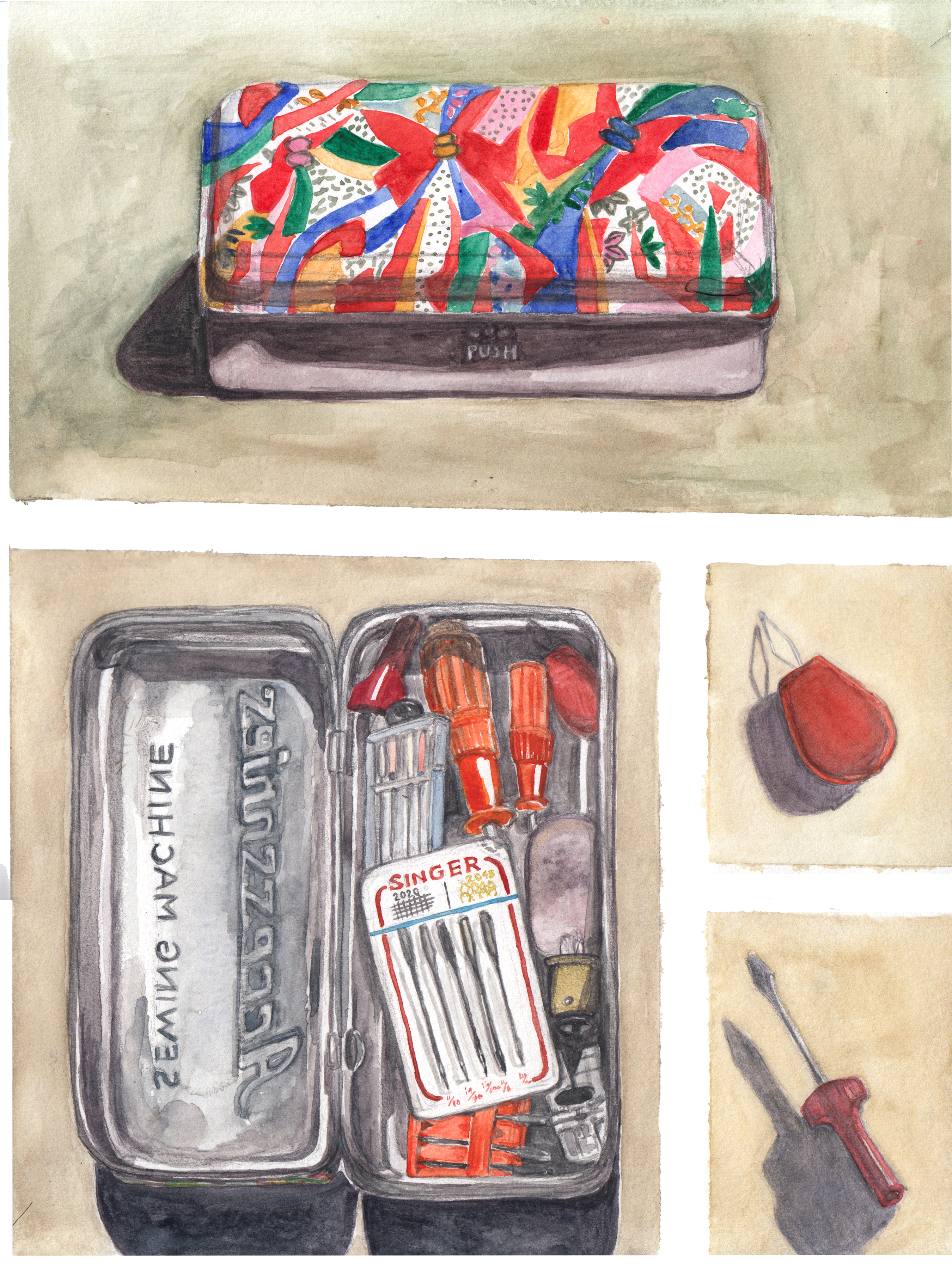 A metal box with origami paper decorating the lid and sewing machine tools inside
