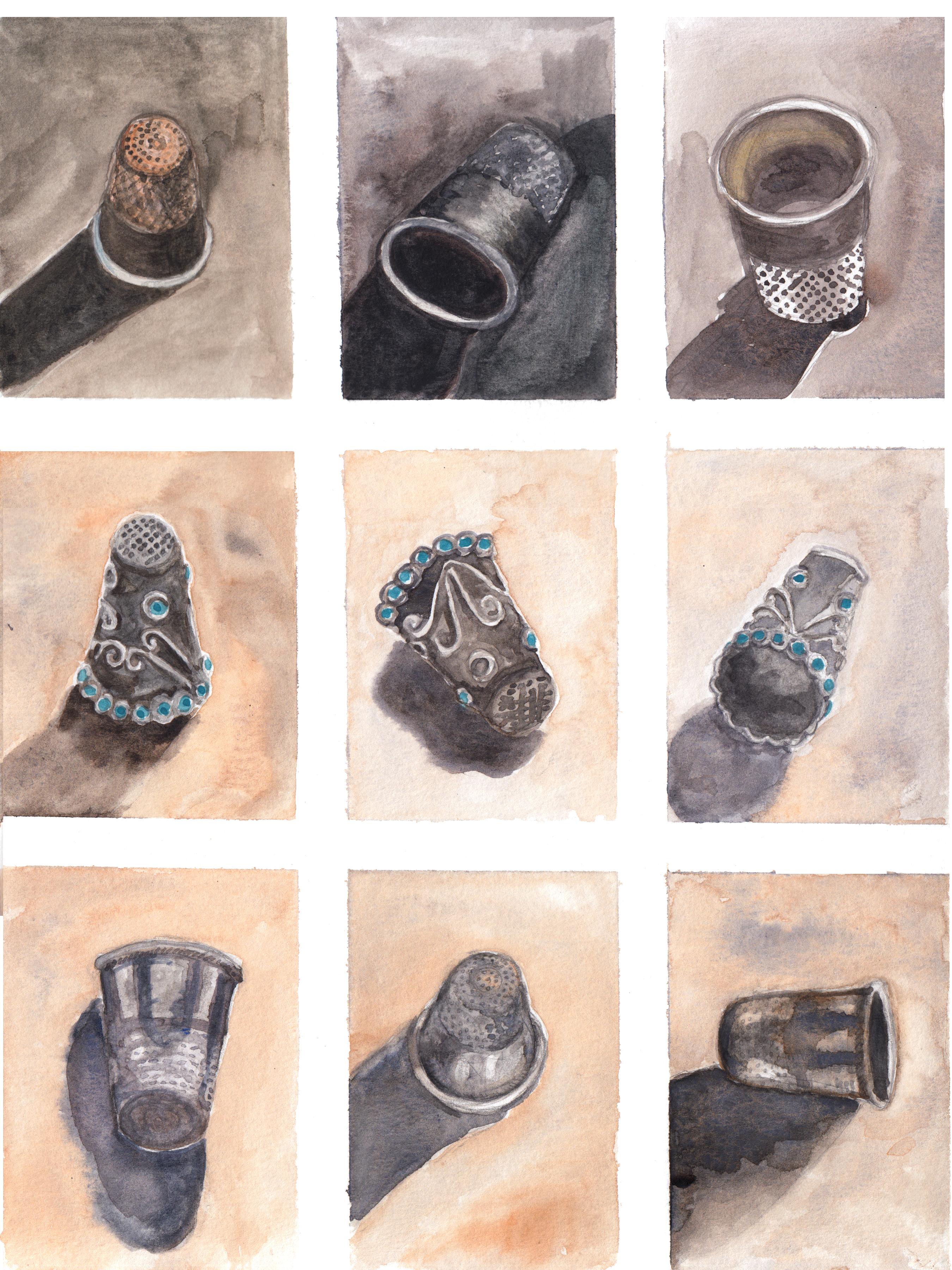 A grid of nine watercolor paintings of thimbles