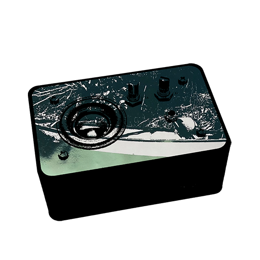 color illustration of a rectangular speaker with a high-contrast green photograph superimposed on the top 